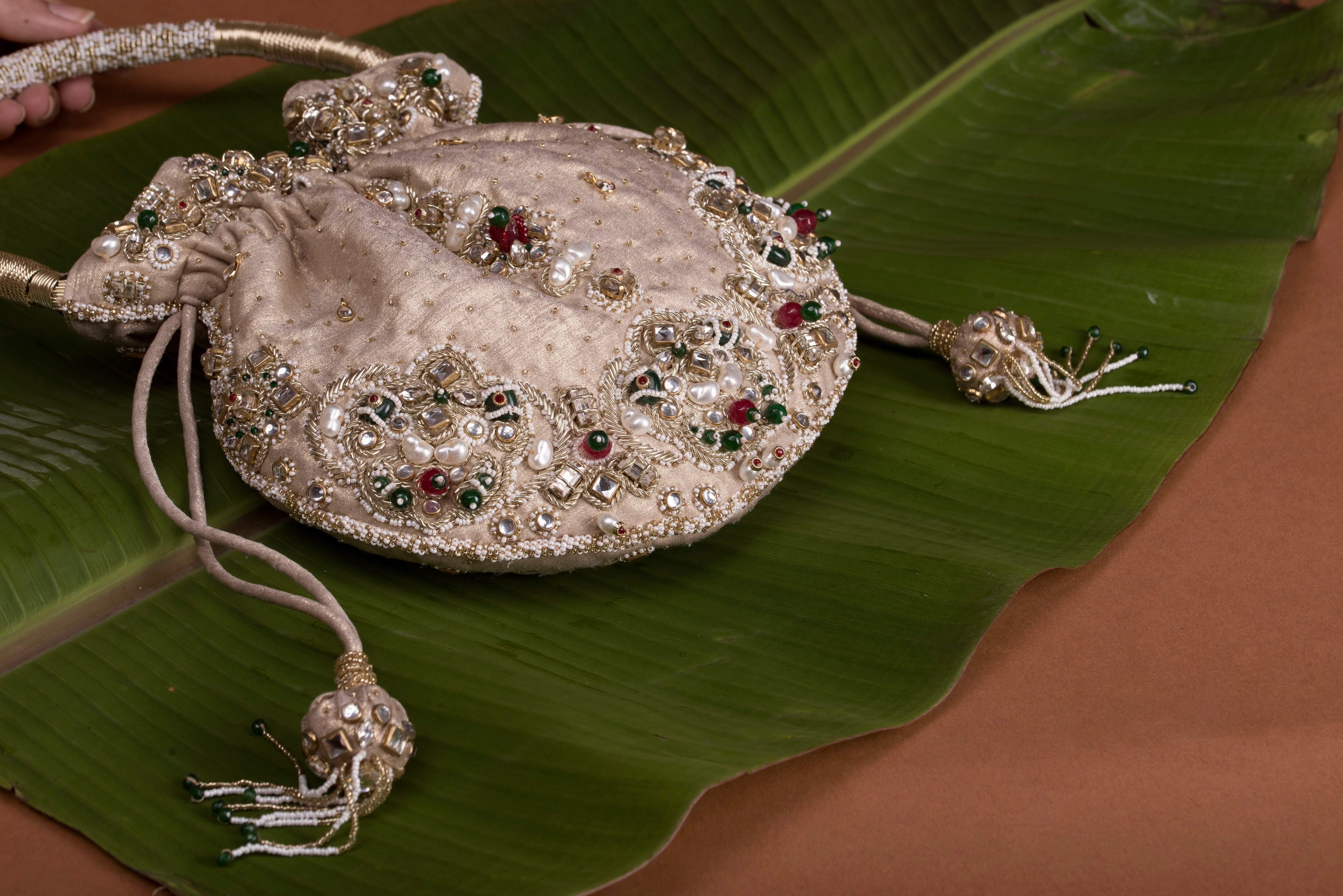 Jadau Gold Embroidered Potli - Gold Bag