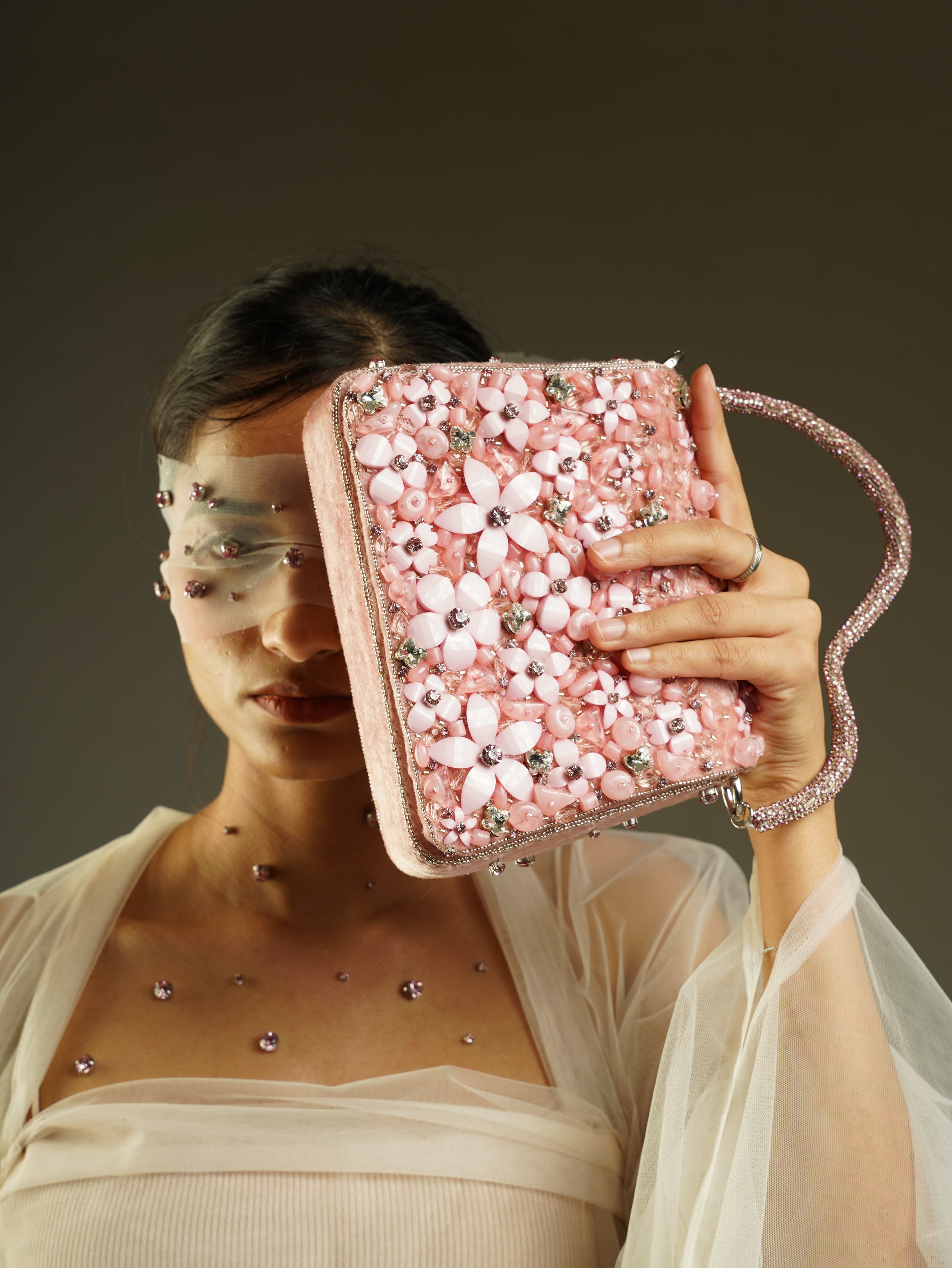 Blush Pink Hand-Embellished Floral Bag