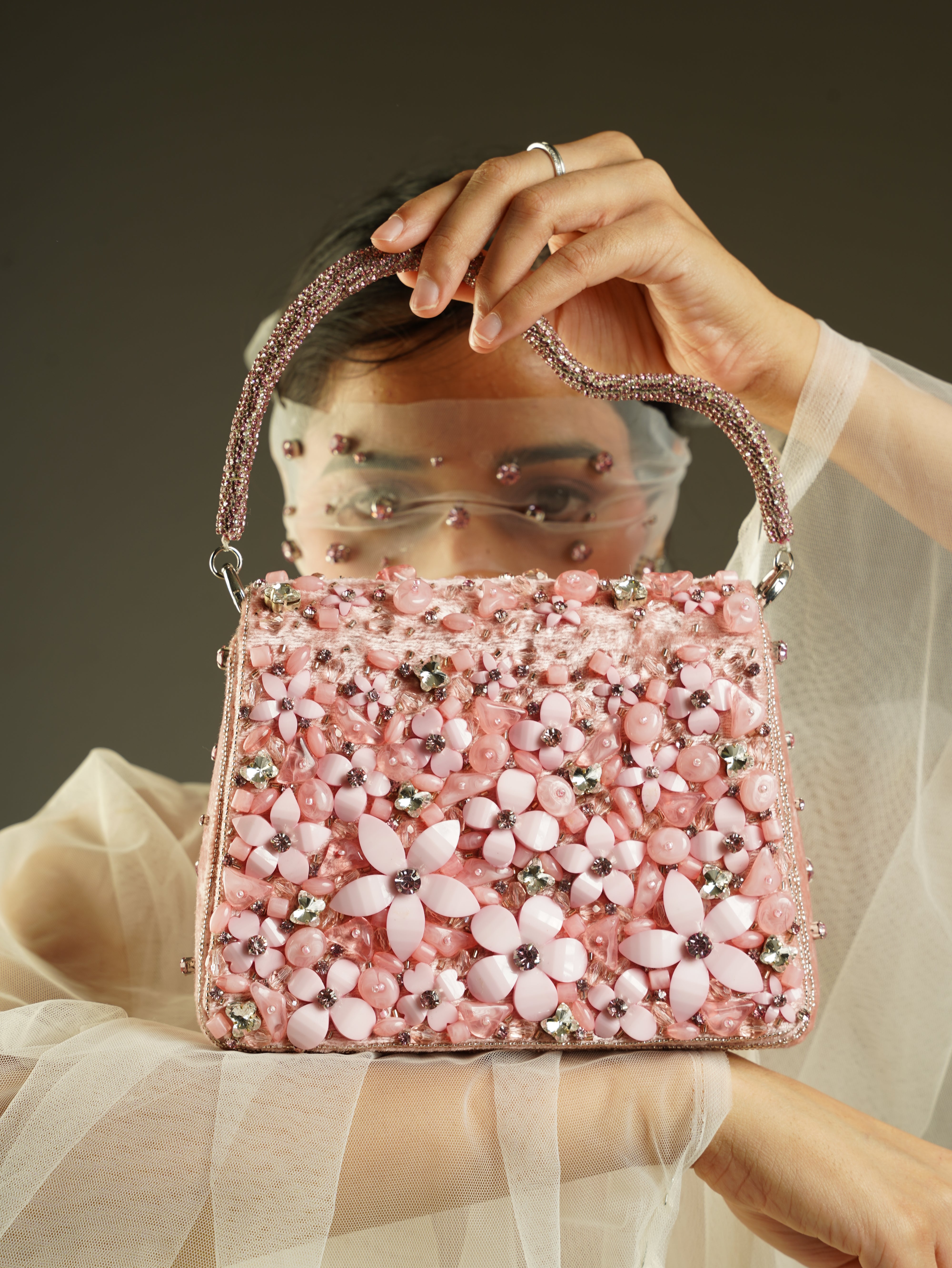 Blush Pink Hand-Embellished Floral Bag