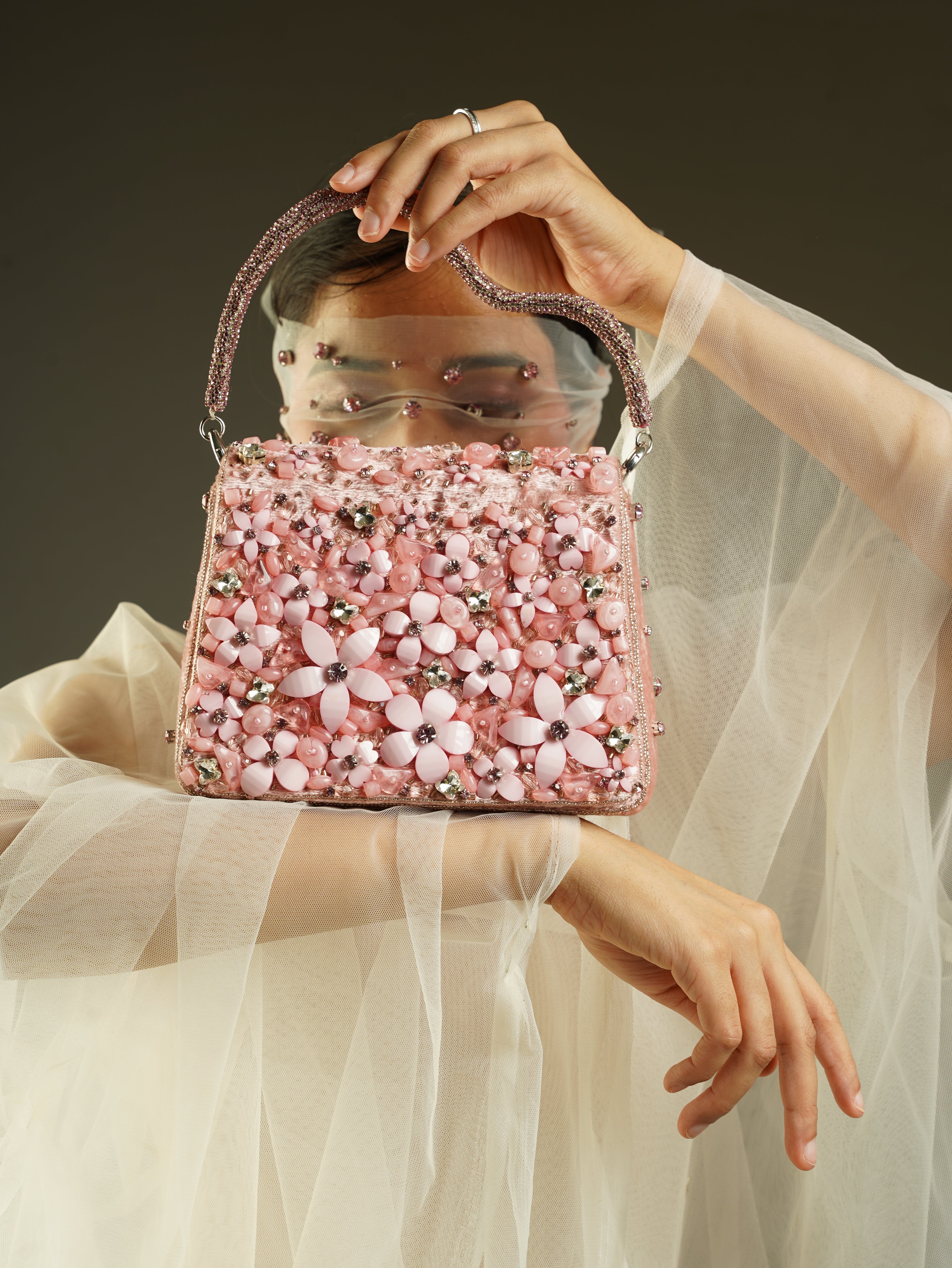 Blush Pink Hand-Embellished Floral Bag