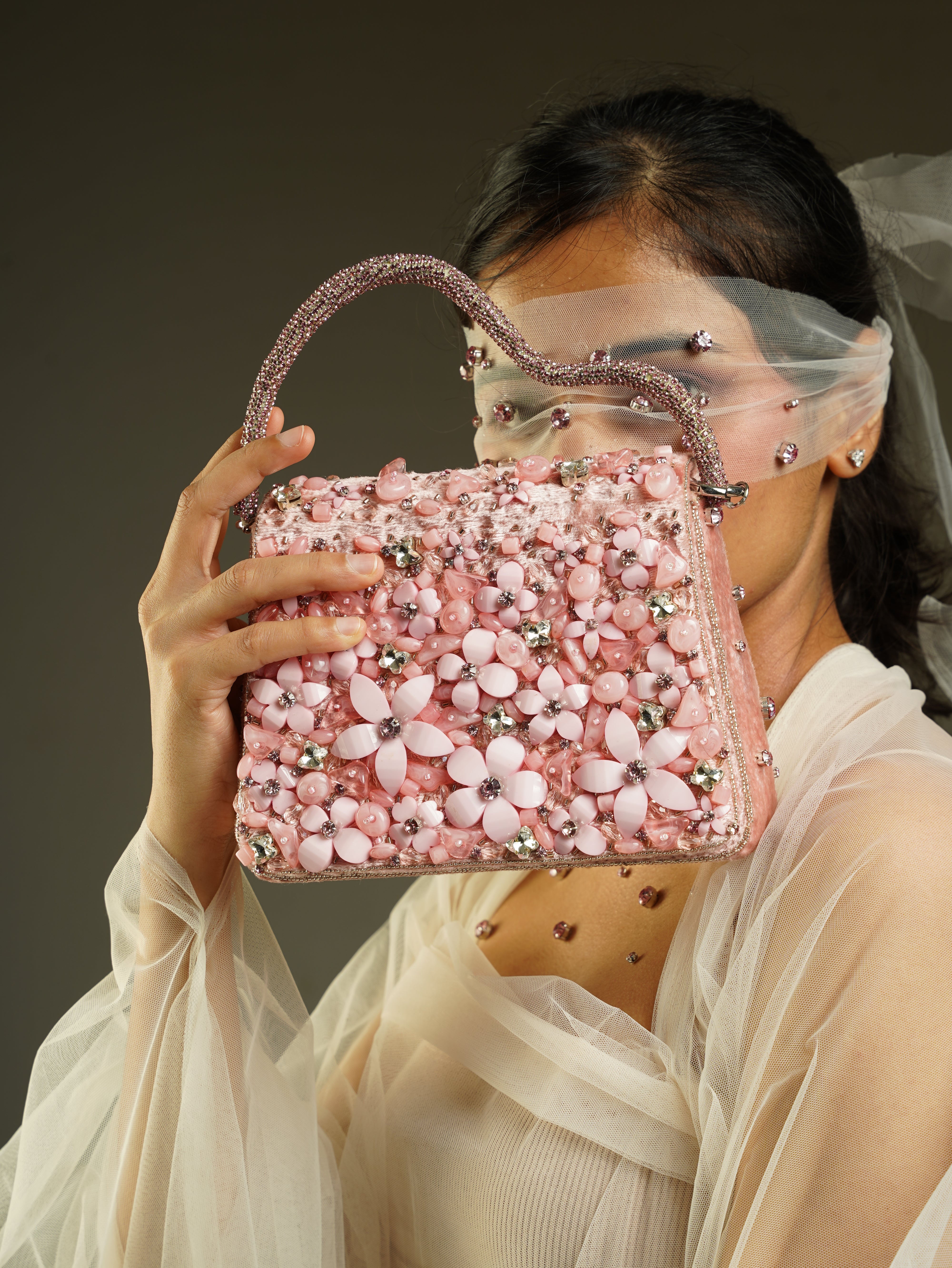 Blush Pink Hand-Embellished Floral Bag