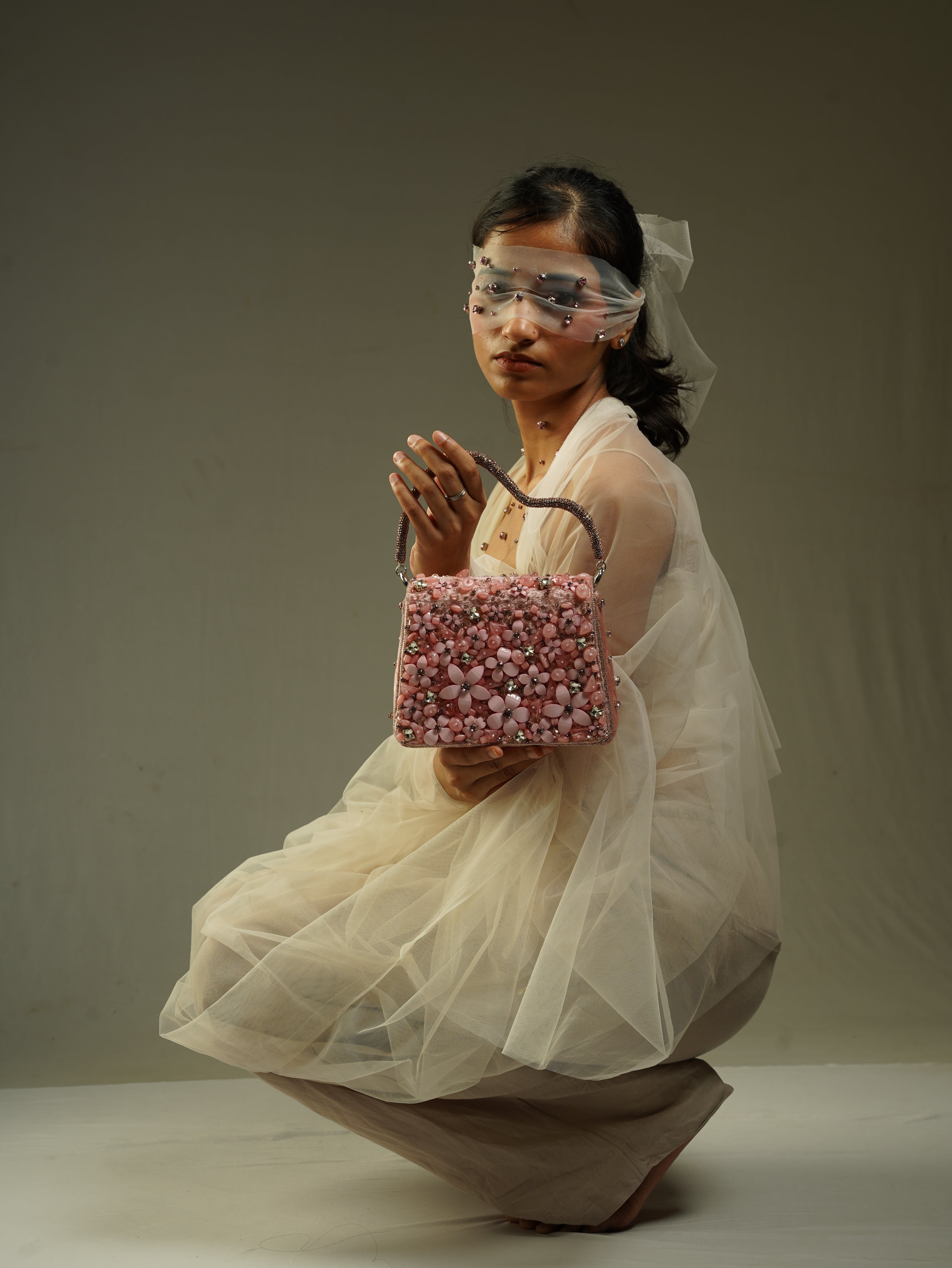 Blush Pink Hand-Embellished Floral Bag