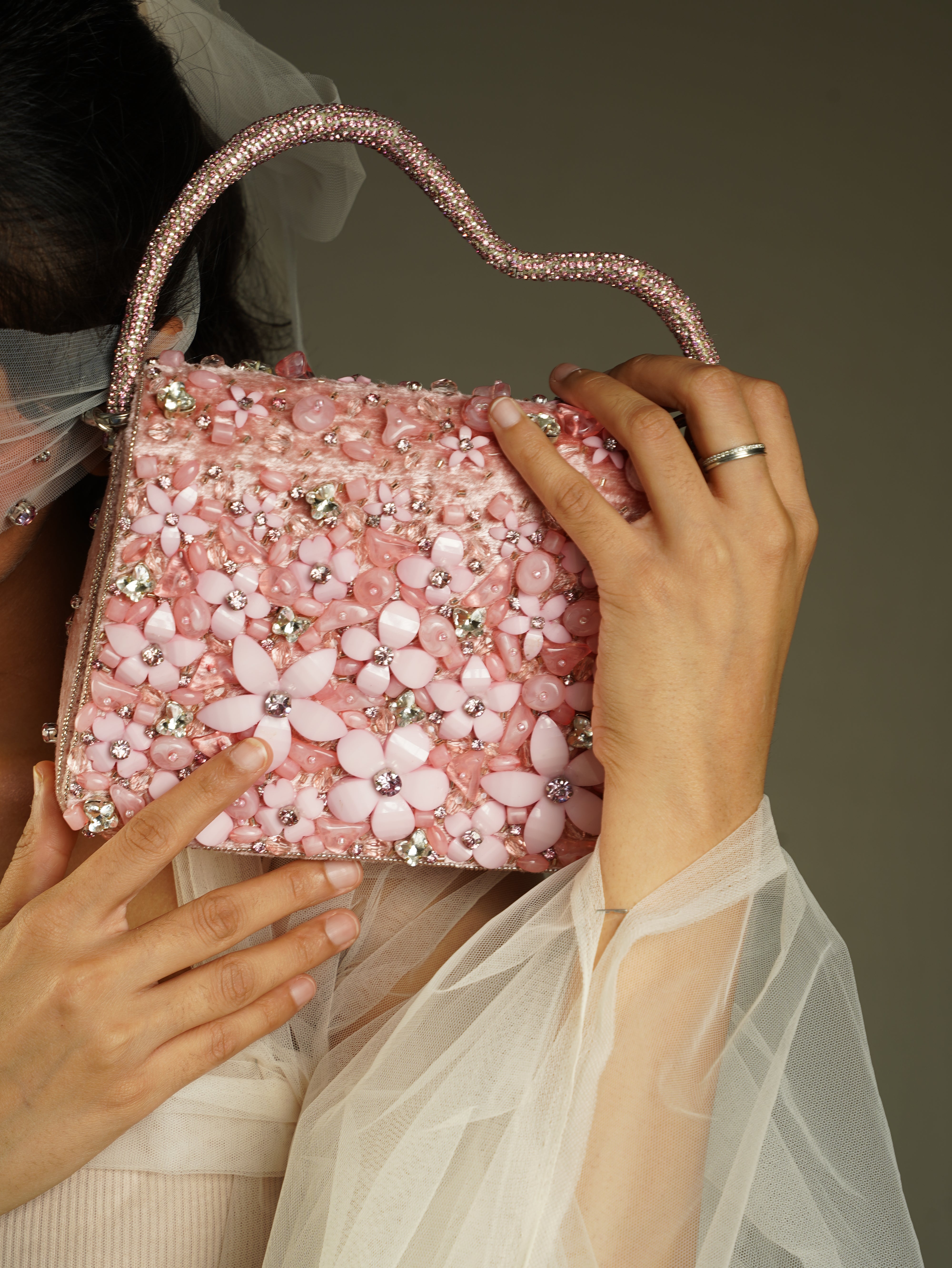 Blush Pink Hand-Embellished Floral Bag