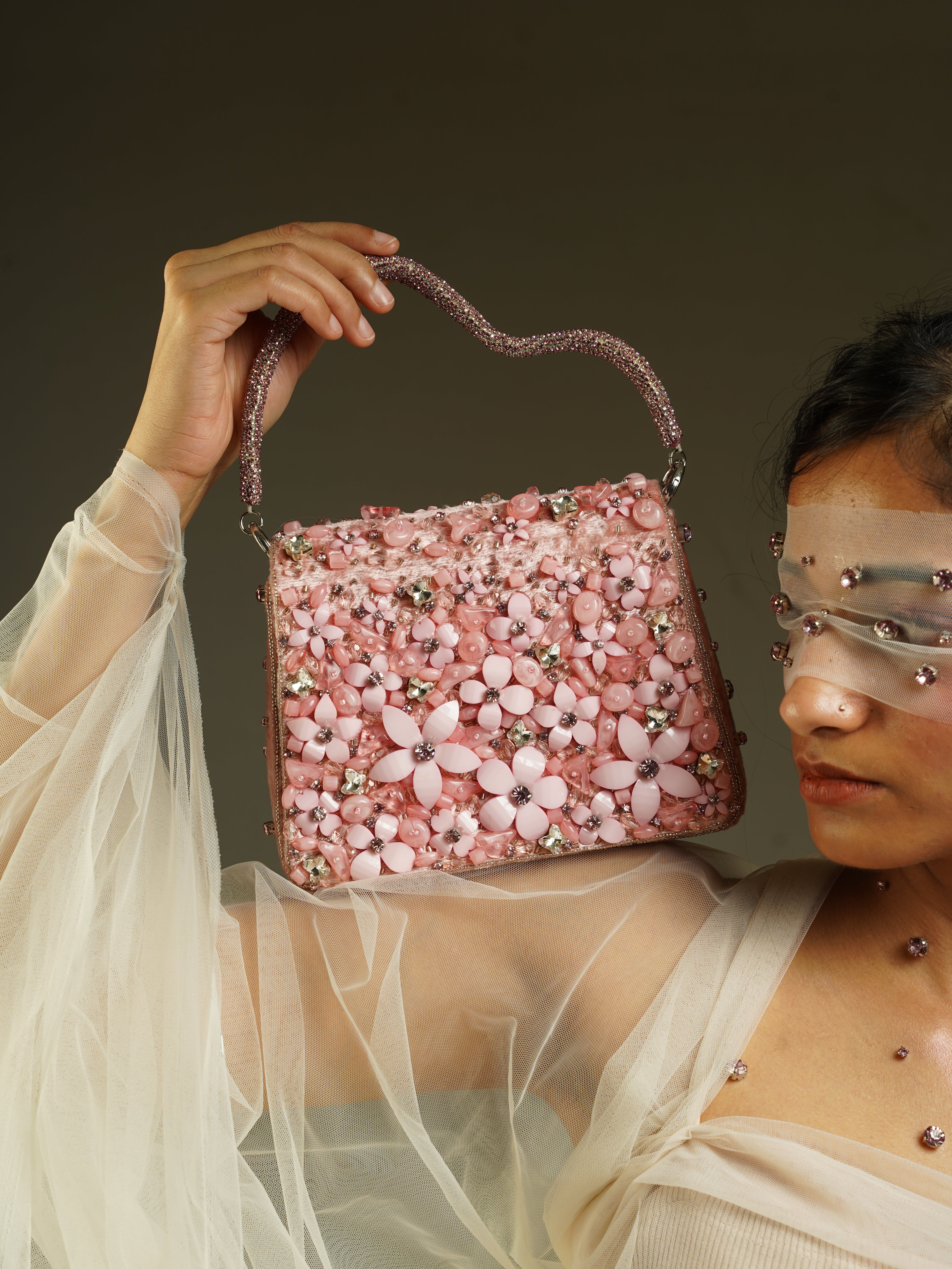 Blush Pink Hand-Embellished Floral Bag