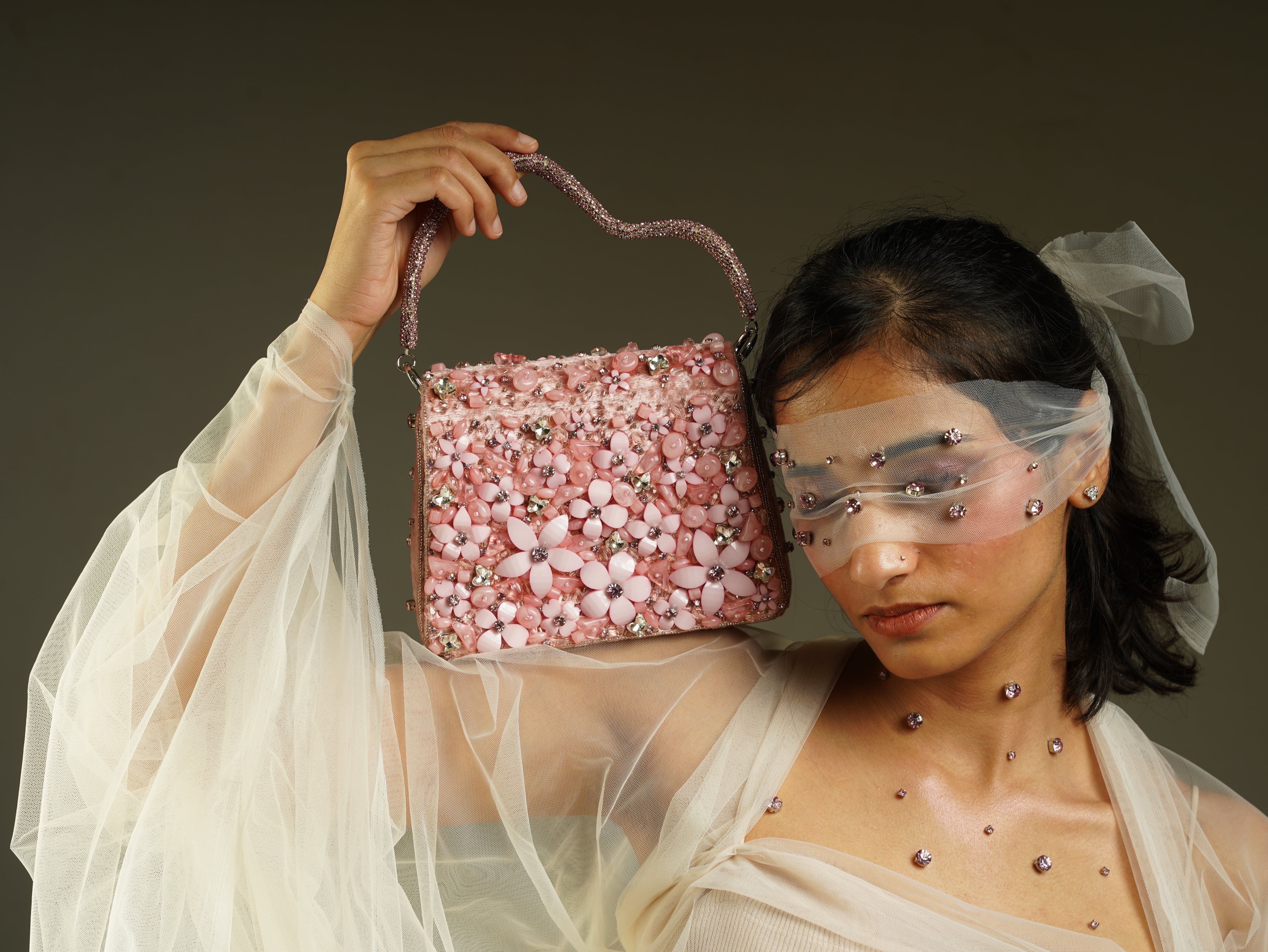 Blush Pink Hand-Embellished Floral Bag