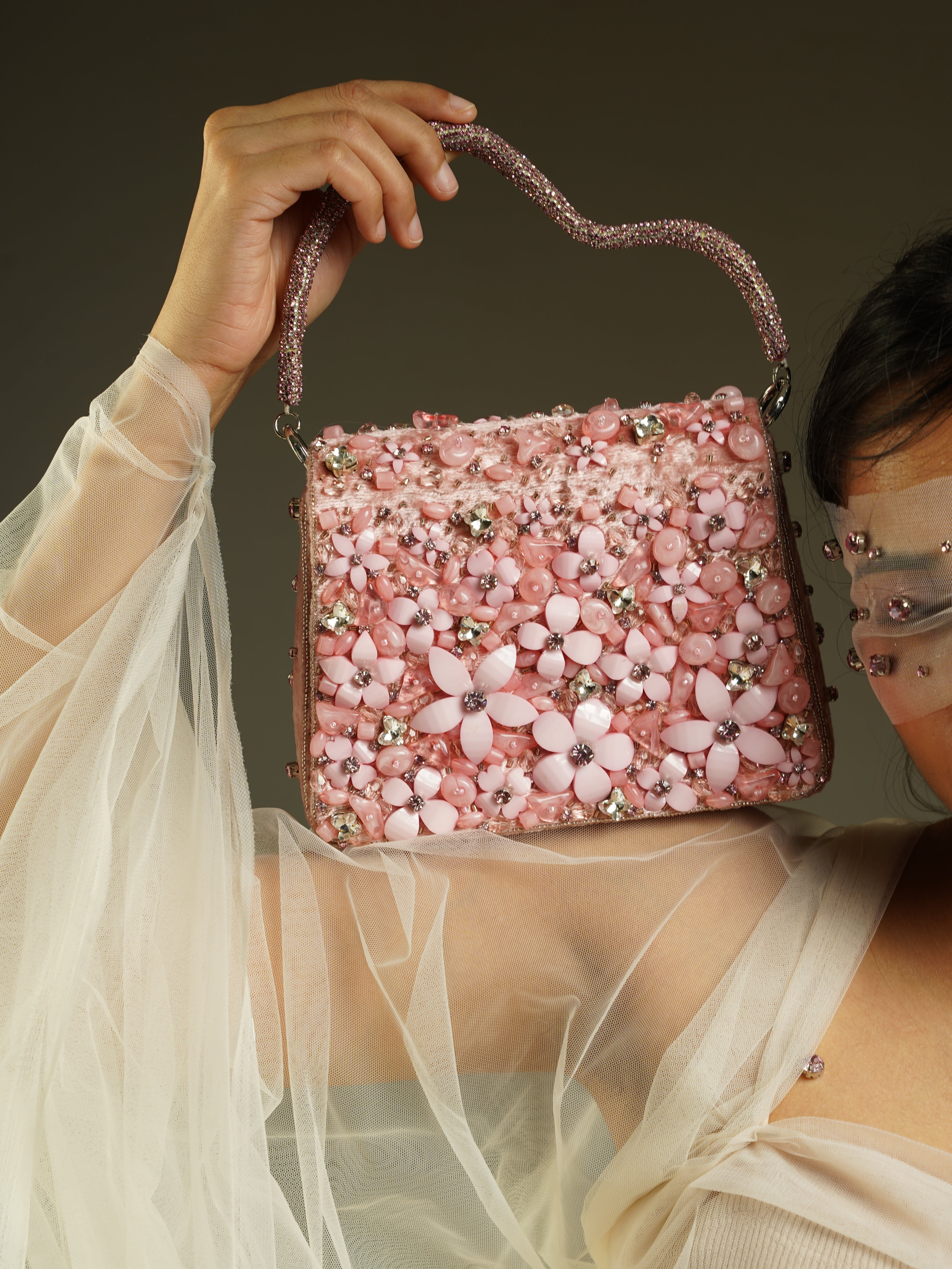Blush Pink Hand-Embellished Floral Bag