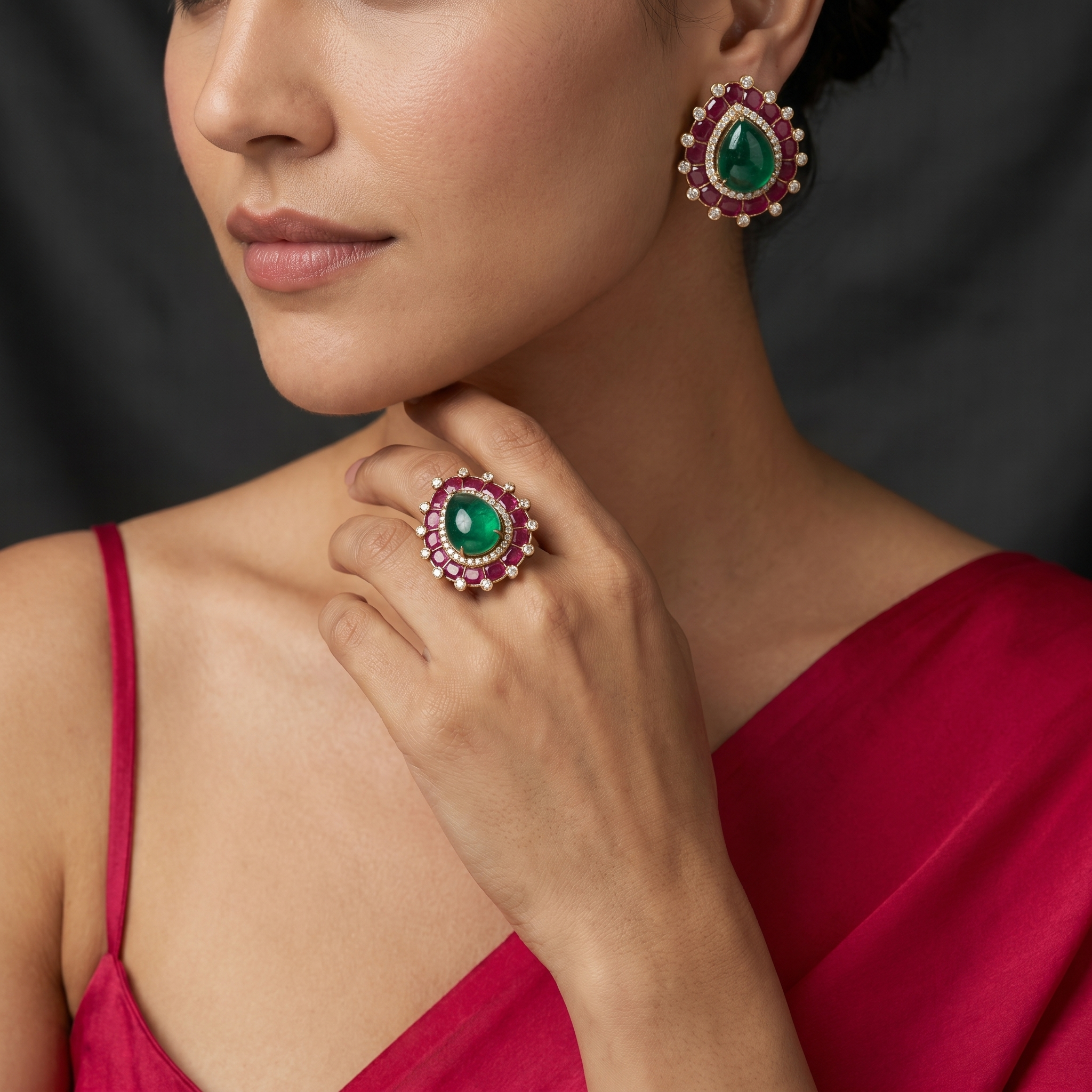Damini Emerald & Ruby Studs and Ring Set