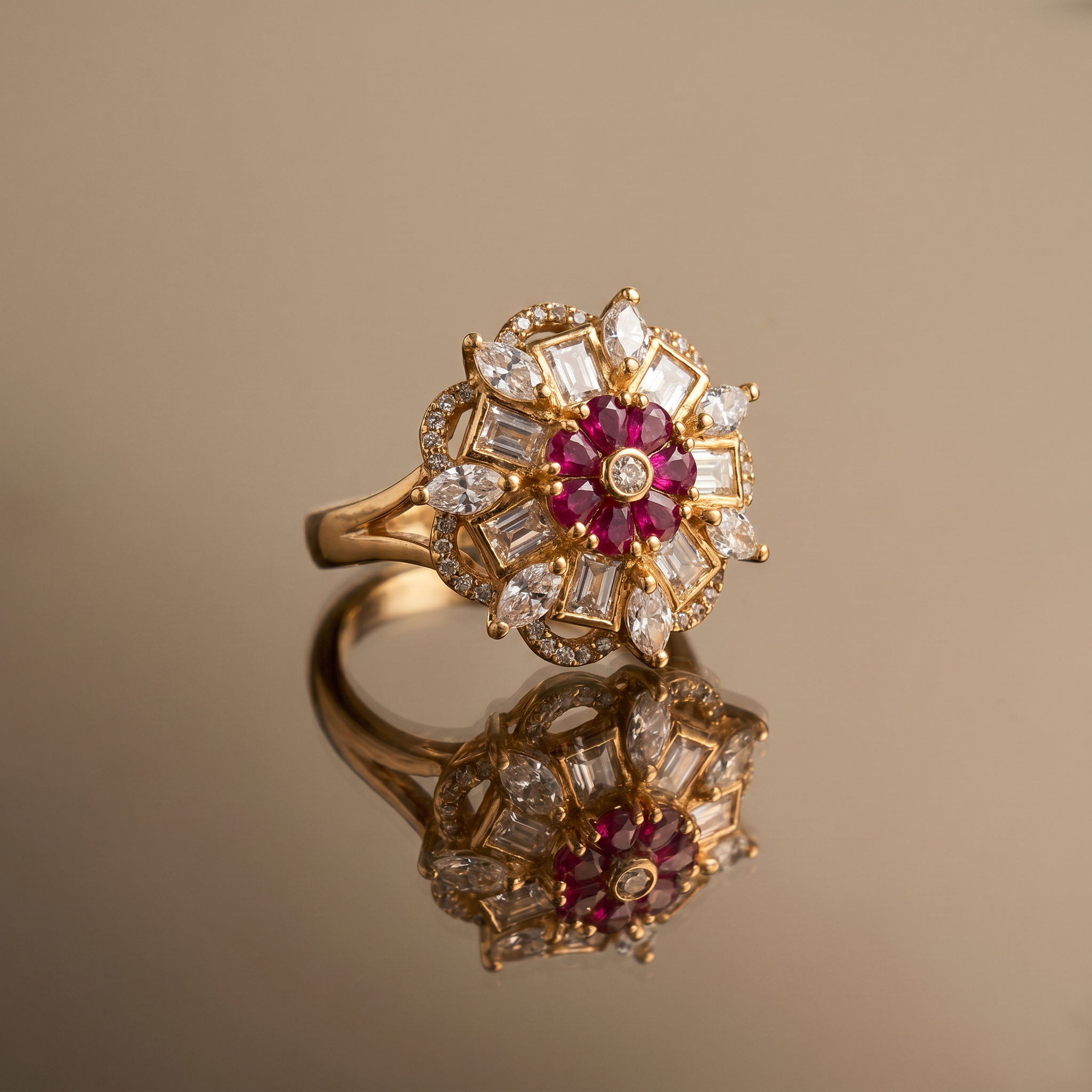 Top view of Dharini champagne stone floral ring — Ozel
