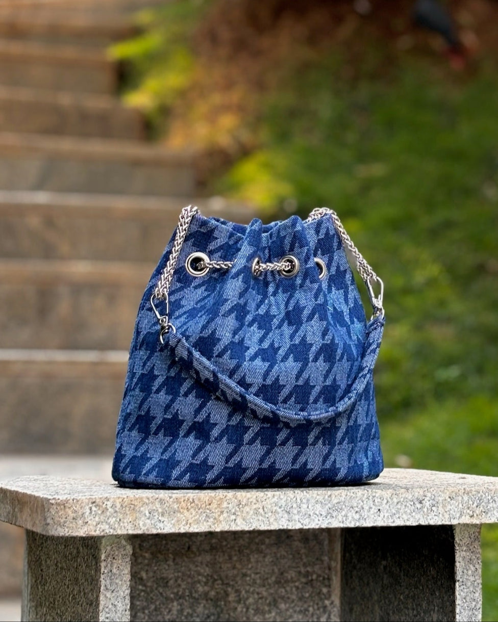 Houndstooth Denim Bucket Bag