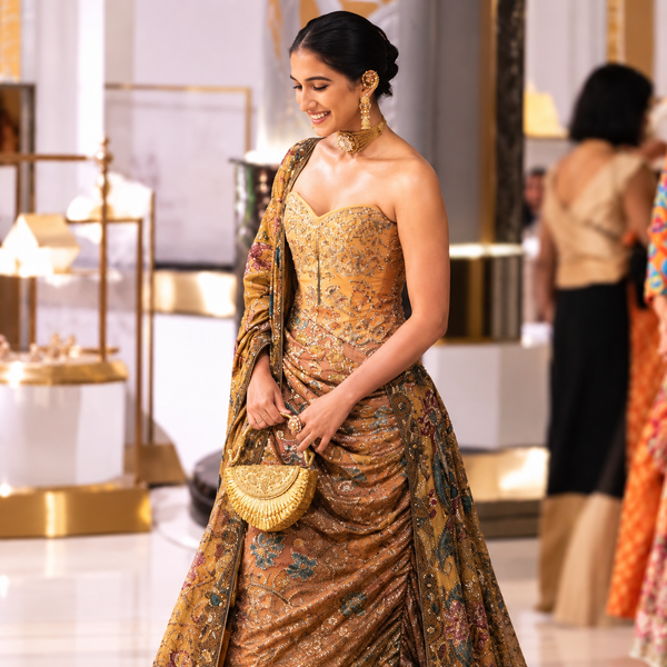 Radhika Ambani with Sona Arc Fan Flap Bag - Gold