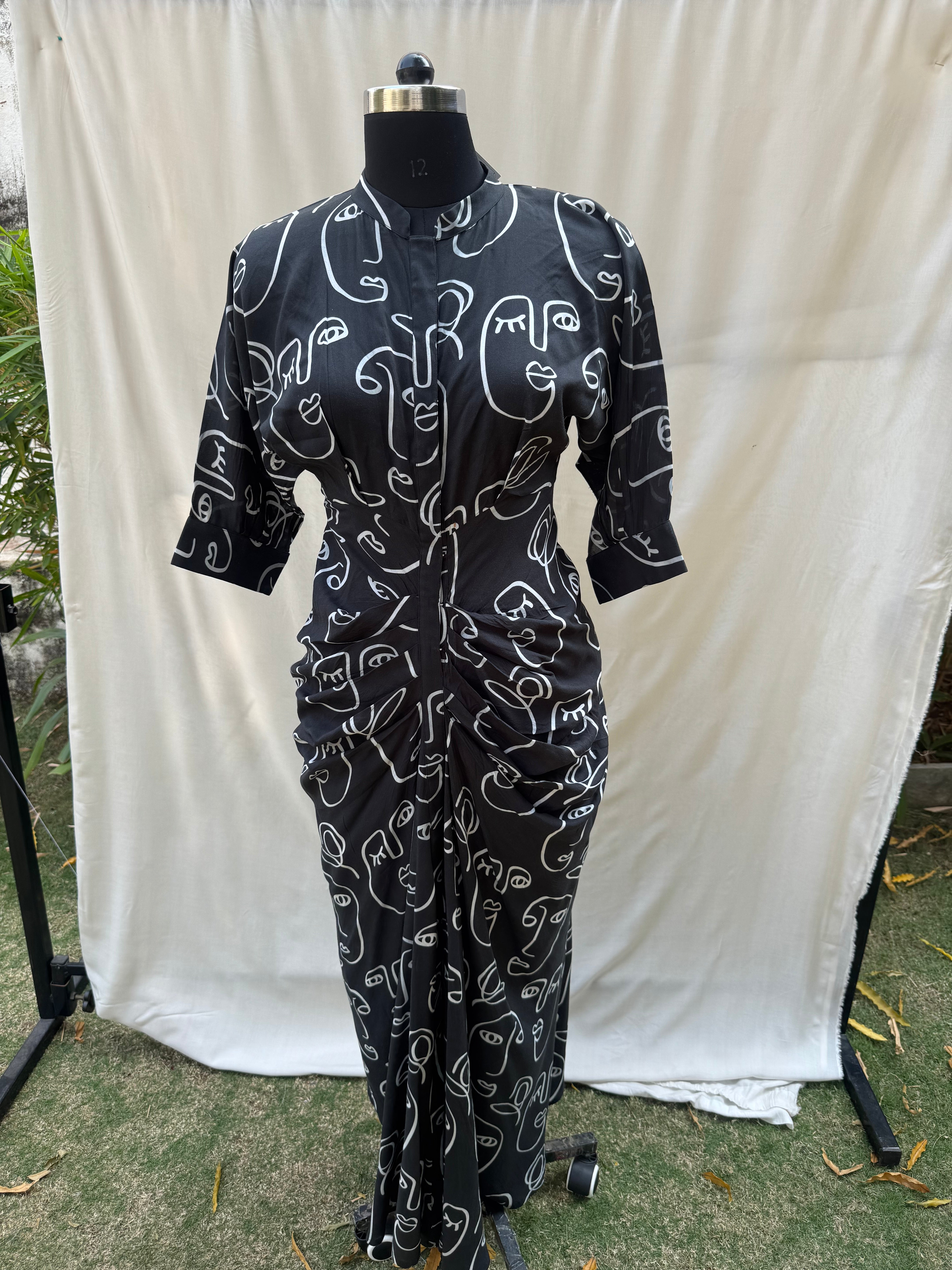 Black line art shirt drape dress
