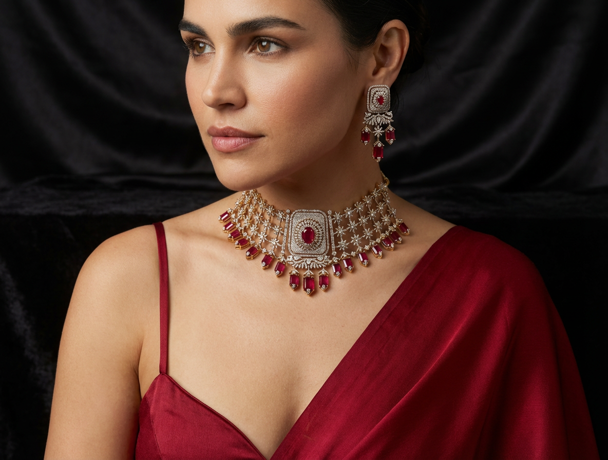 Vintage Ruby Lattice Necklace Set