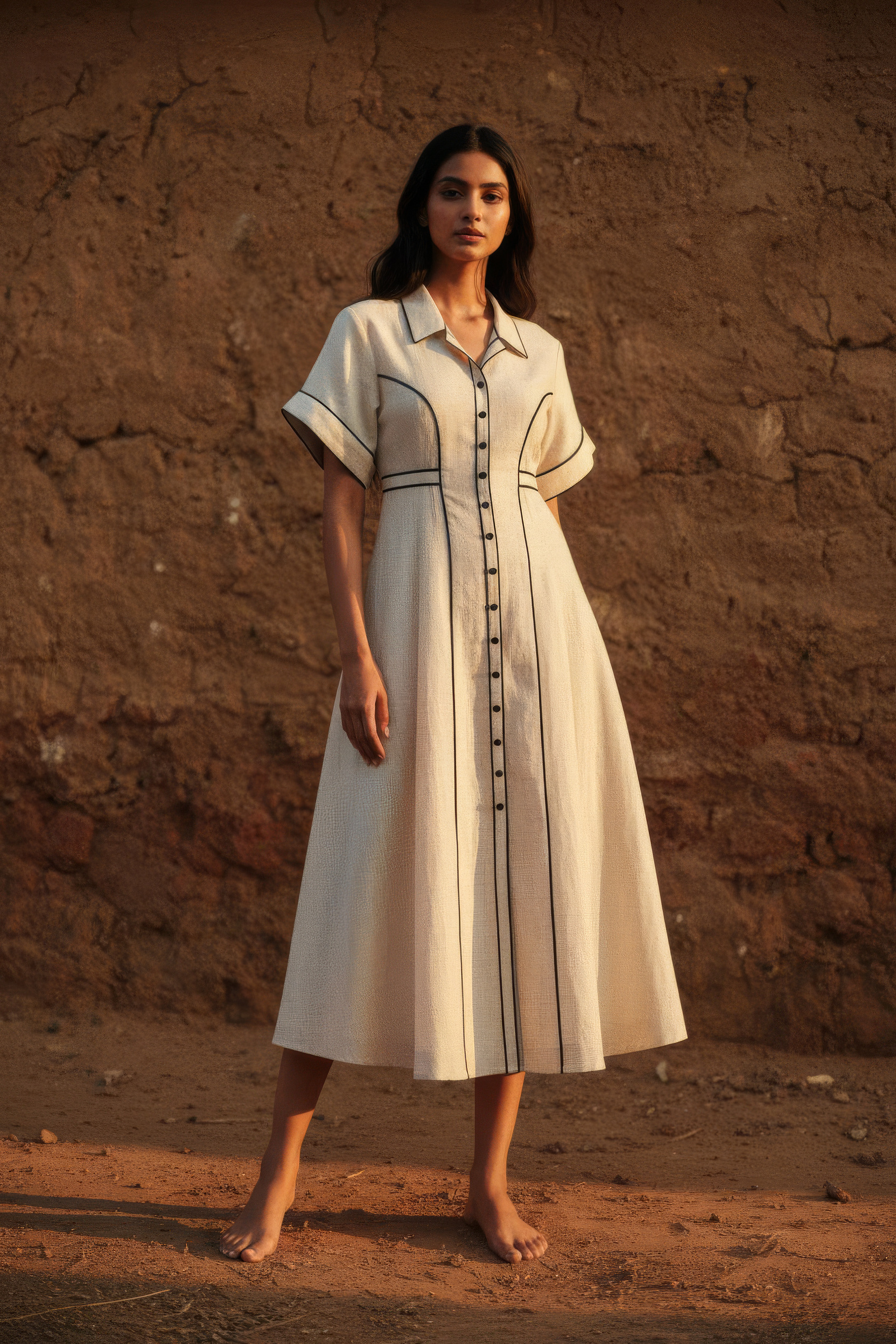 Contrast Piping Midi Dress