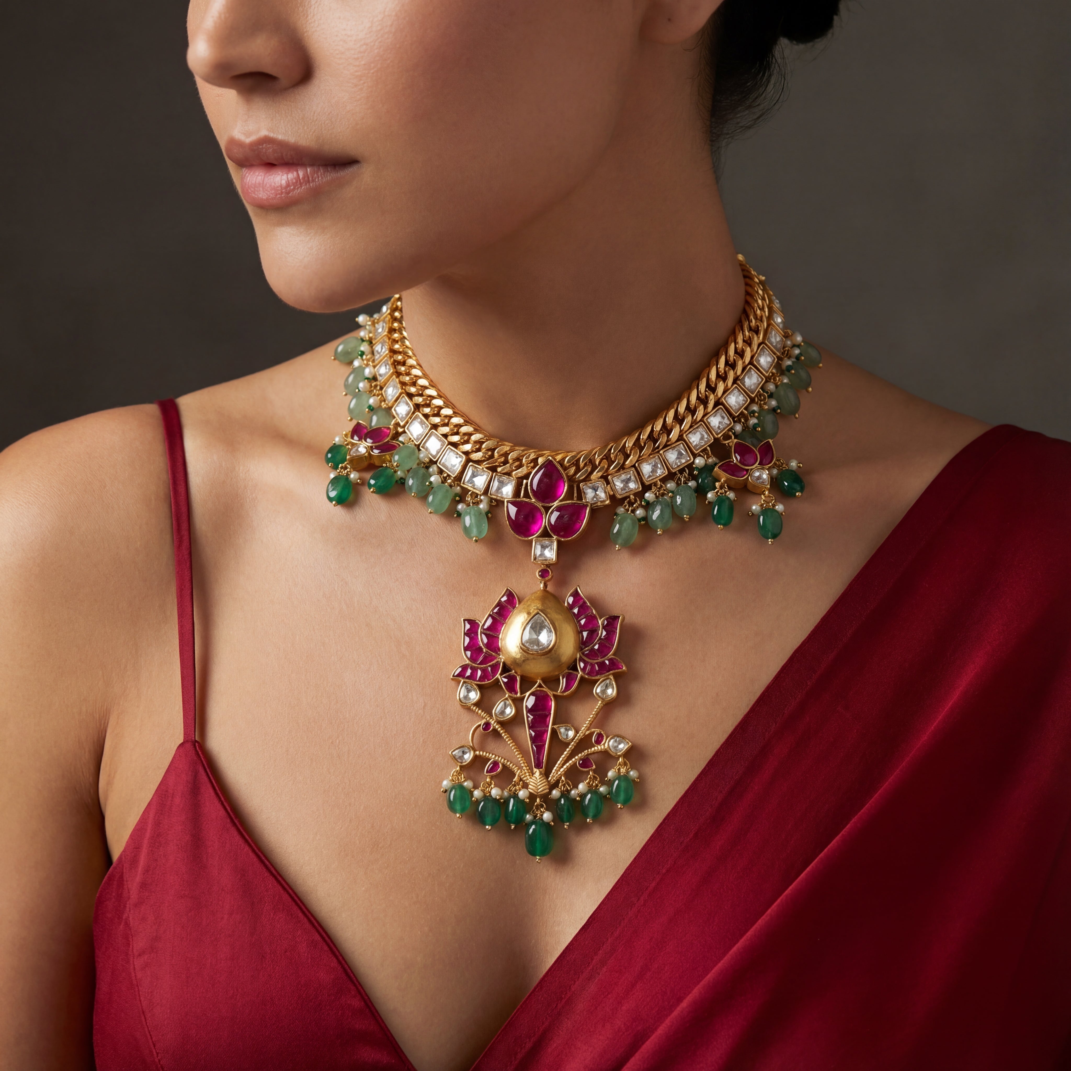 Emerald Lotus Kundan Statement Necklace