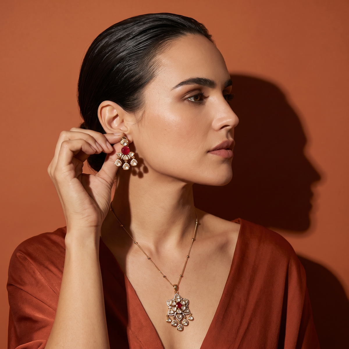Nirvana Ruby Polki Pendant Set
