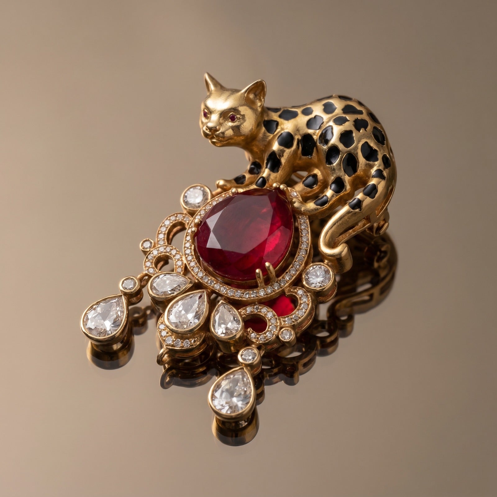 Antique gold panther brooch with ruby centerpiece and crystal drops — Ozel