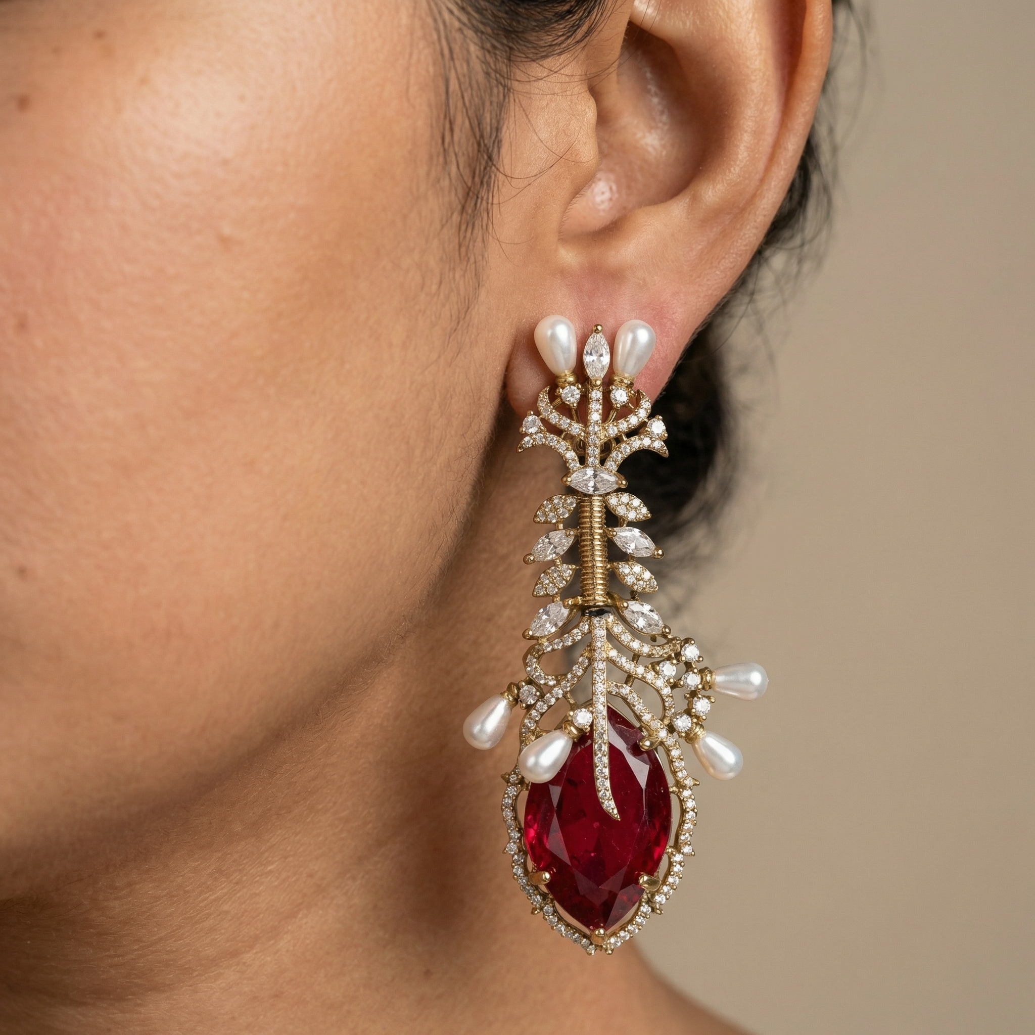 Vine Pearls Ruby Earrings