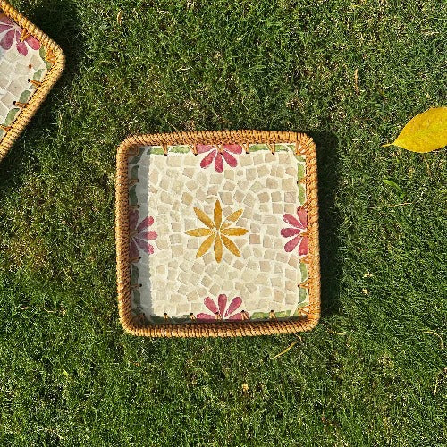 Yellowspings Artisanal Mother of Pearl Inlay Rattan Tray