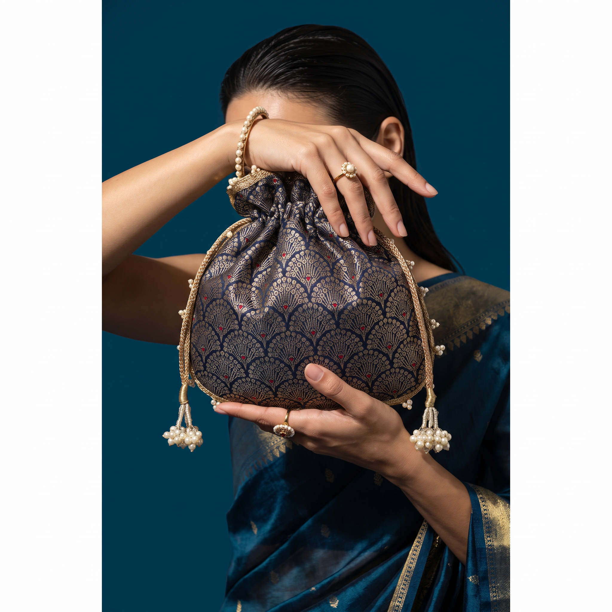 Navy Gold Brocade Potli Bag