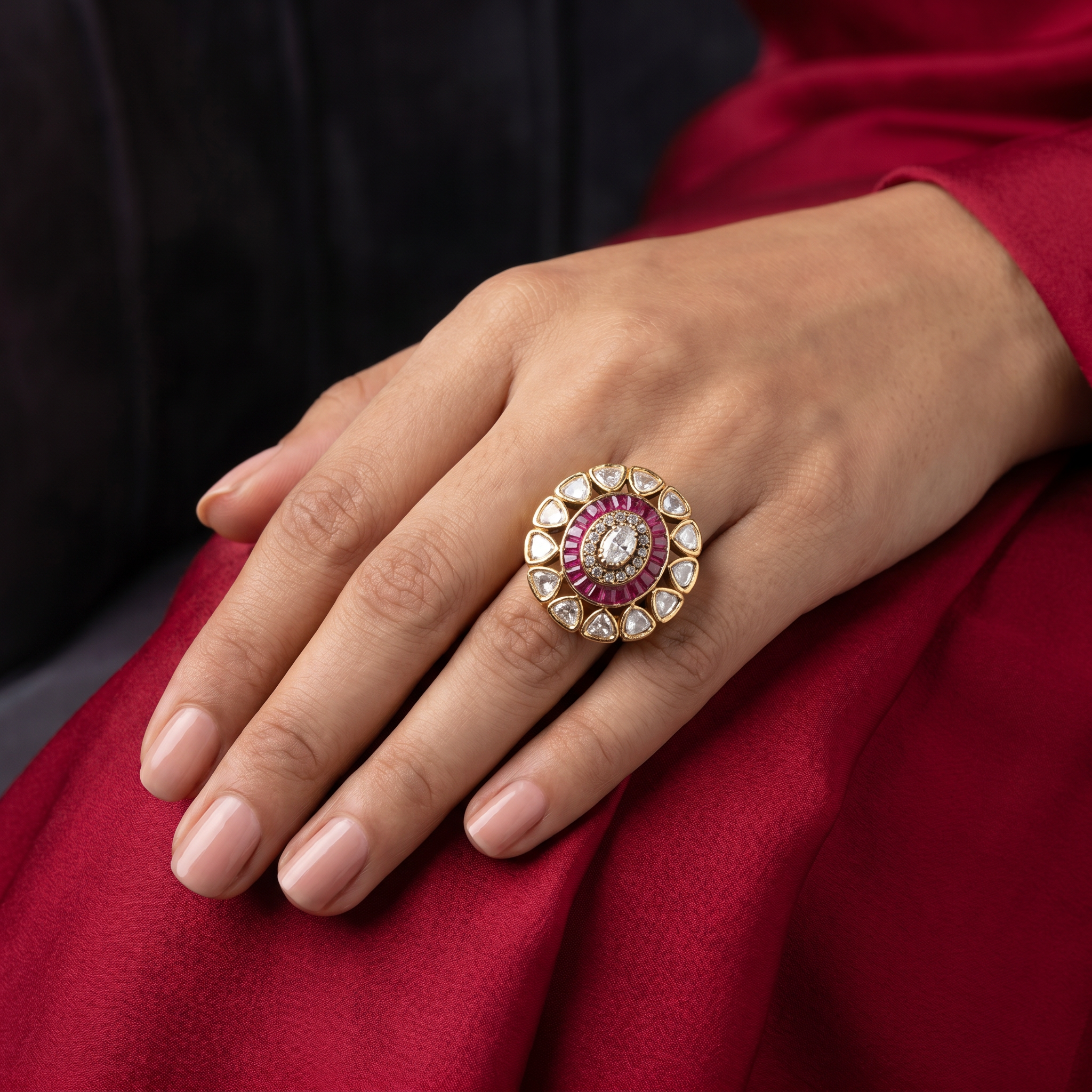 Zunaid antique gold ruby baguette ring with crystal centre — Ozel