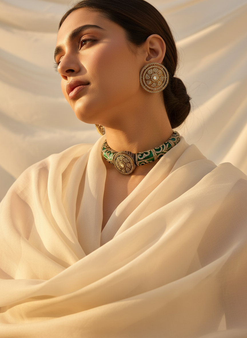 Emerald Enamel Hasli Necklace with earrings