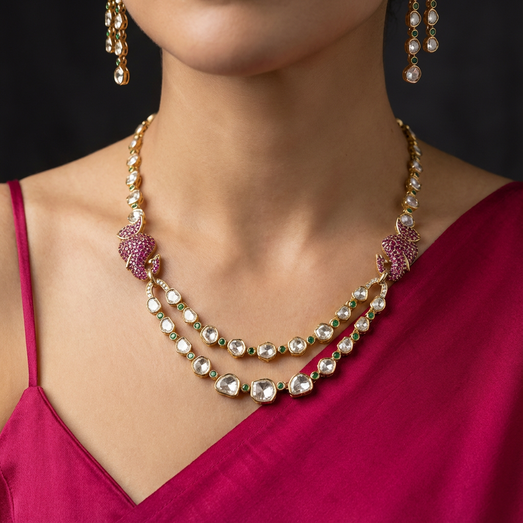 Kamala Ruby Polki Layered Necklace Set