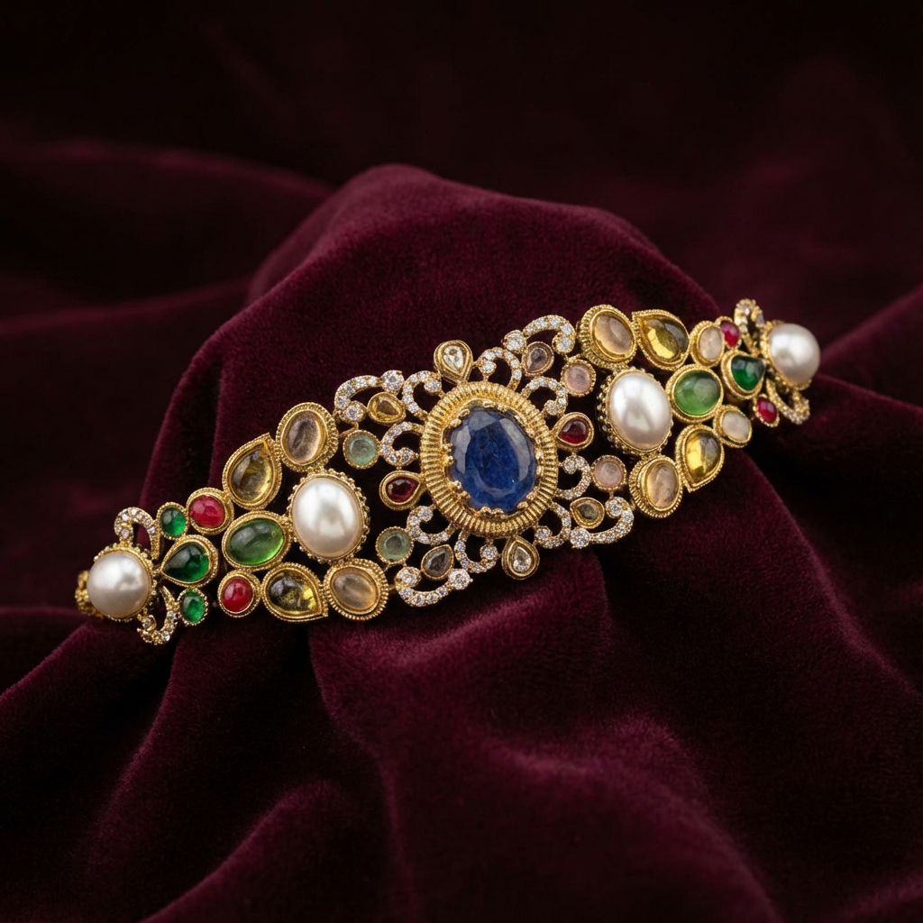 Neelam navratna kundan choker set – worn on neck by Ozel