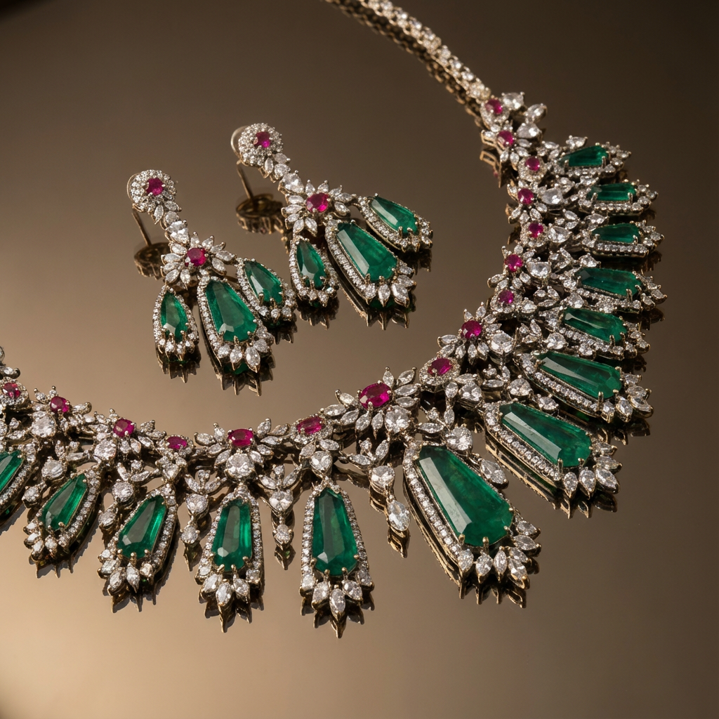 Ziyaara Emerald Cascade Necklace Set