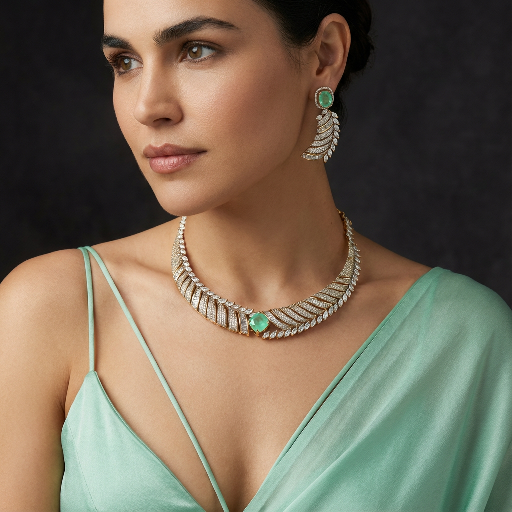 Aarohi Mint Baguette Leaf Necklace Set