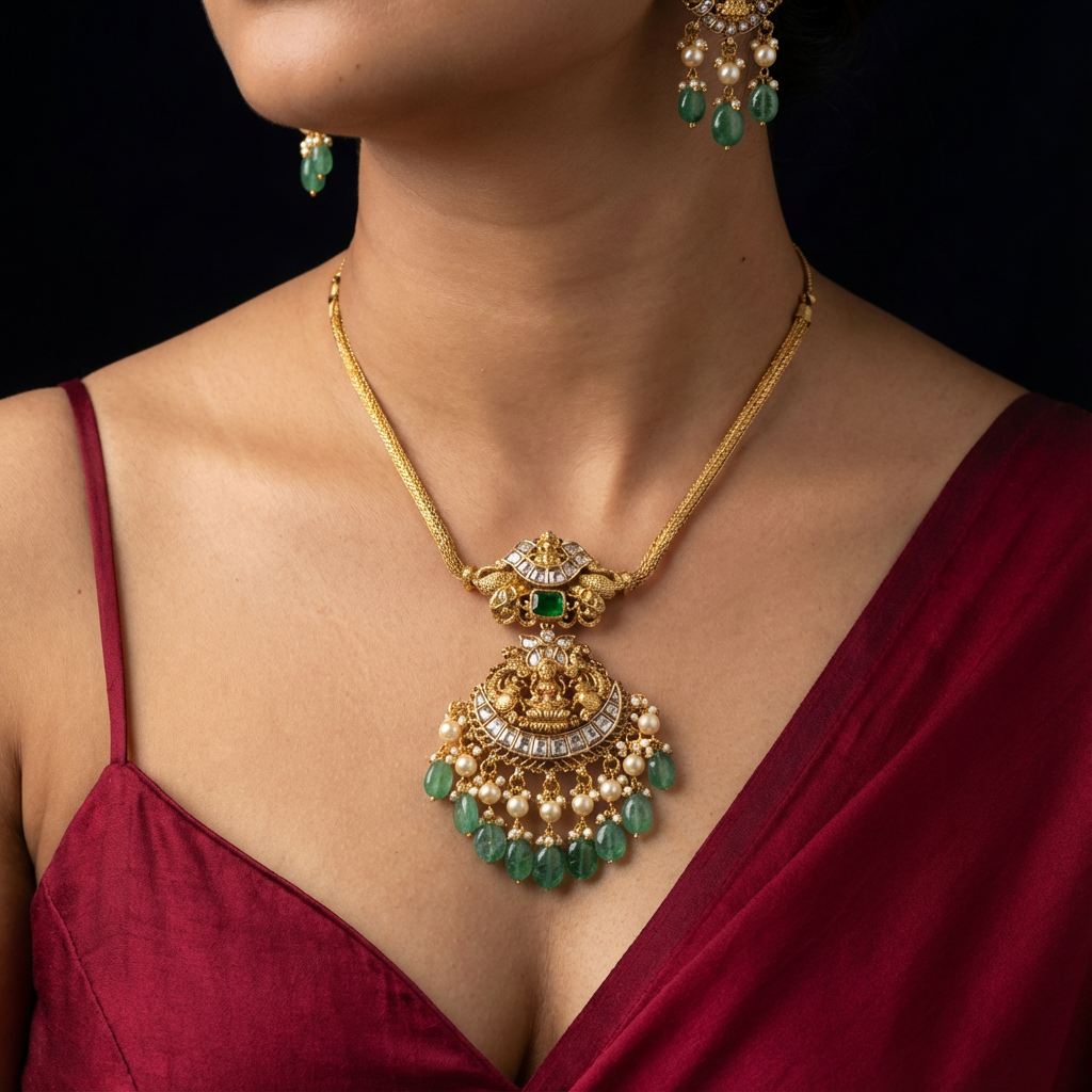 Vrindāra Lakshmi Emerald Temple Necklace Set