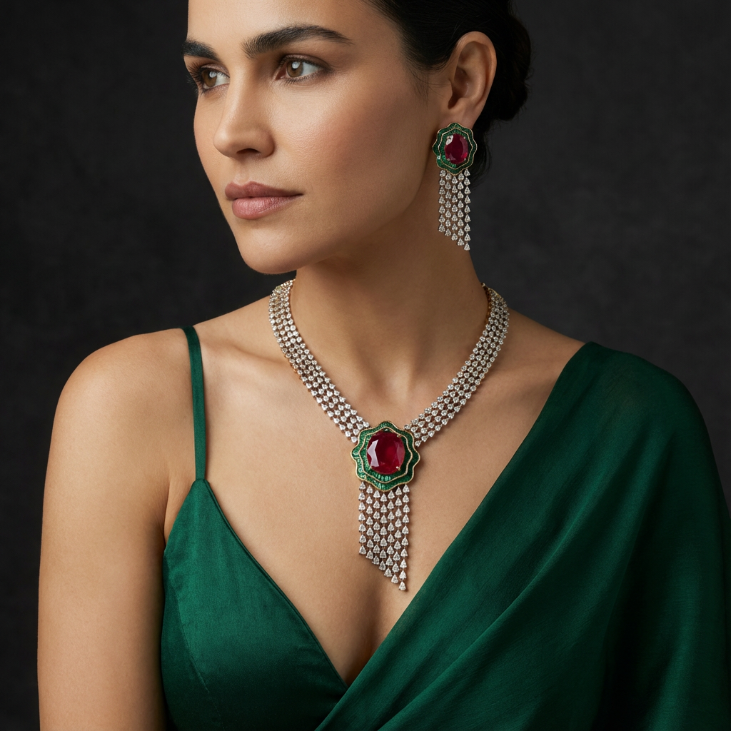 Zamrud Ruby Cascade Necklace Set