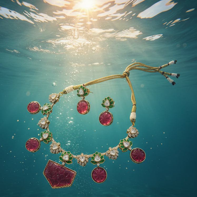 Carved Ruby Lotus Kundan Necklace Set