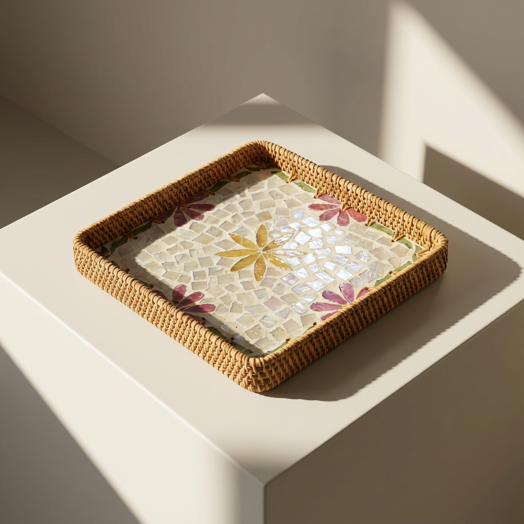 Yellowspings Artisanal Mother of Pearl Inlay Rattan Tray