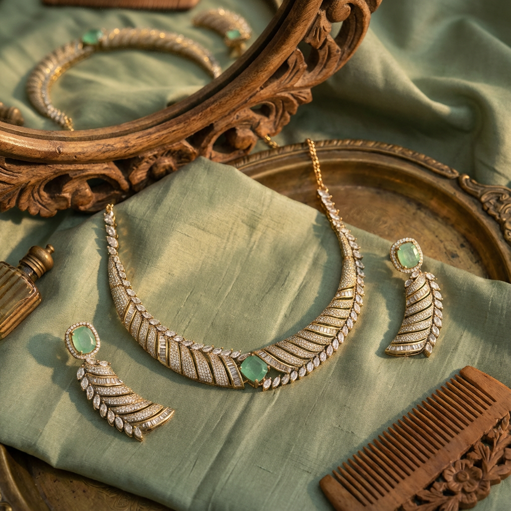 Aarohi Mint Baguette Leaf Necklace Set