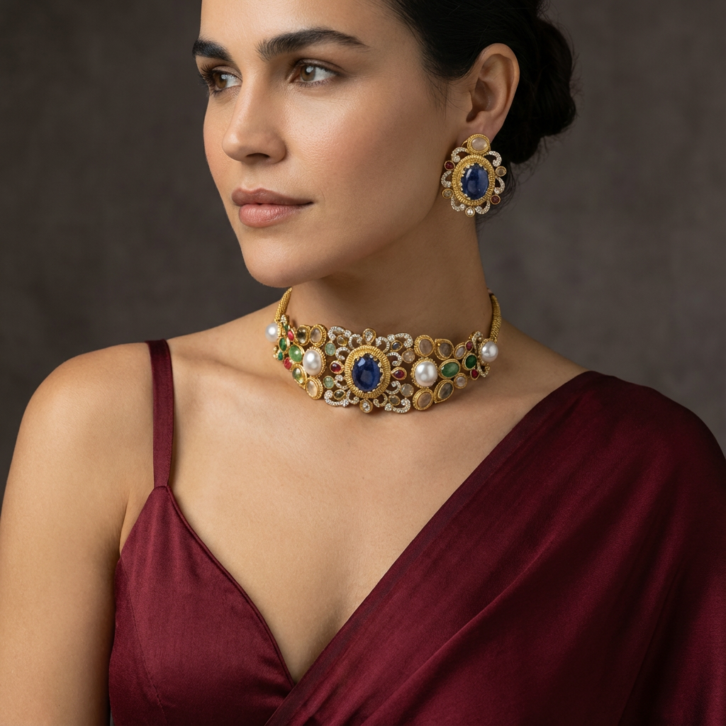 Neelam navratna kundan choker set – full set detail by Ozel