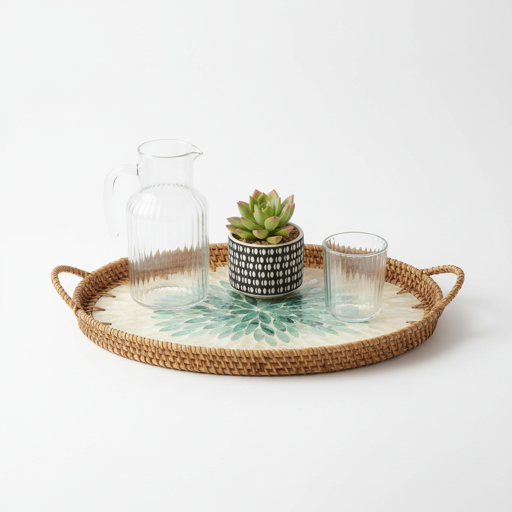 Serenity Artisanal Mother of Pearl Inlay Rattan Tray