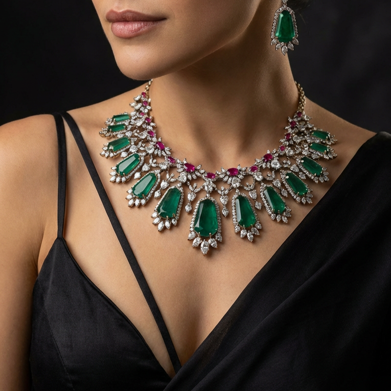 Ziyaara Emerald Cascade Necklace Set