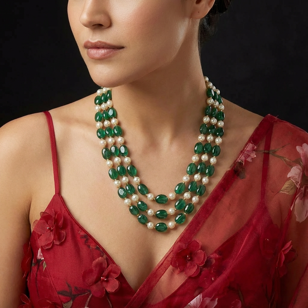 Nayantara Emerald Stone and Swarovski Pearl Necklace