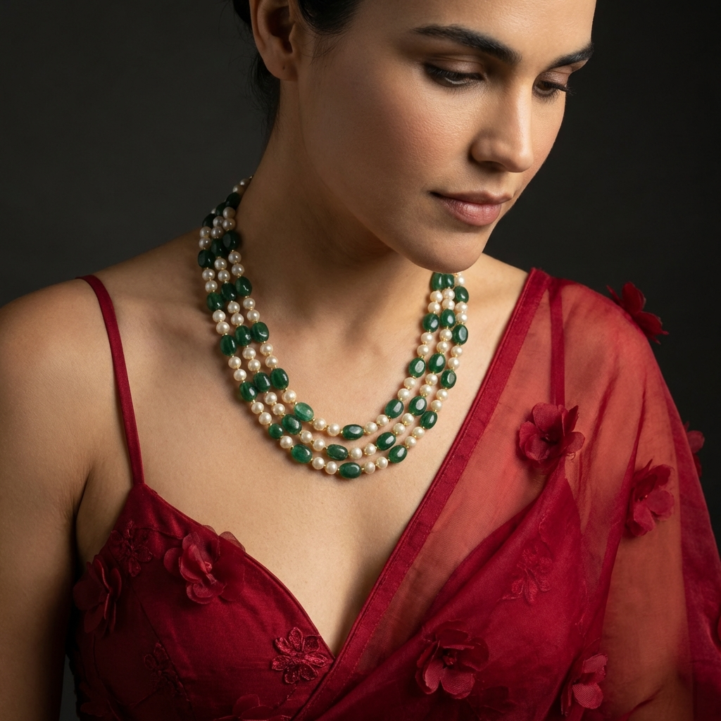 Nayantara Emerald Stone and Swarovski Pearl Necklace