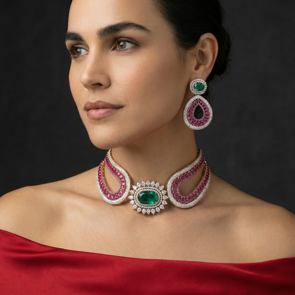 Voyla French Choker and Earrings Set - Dark Pink
