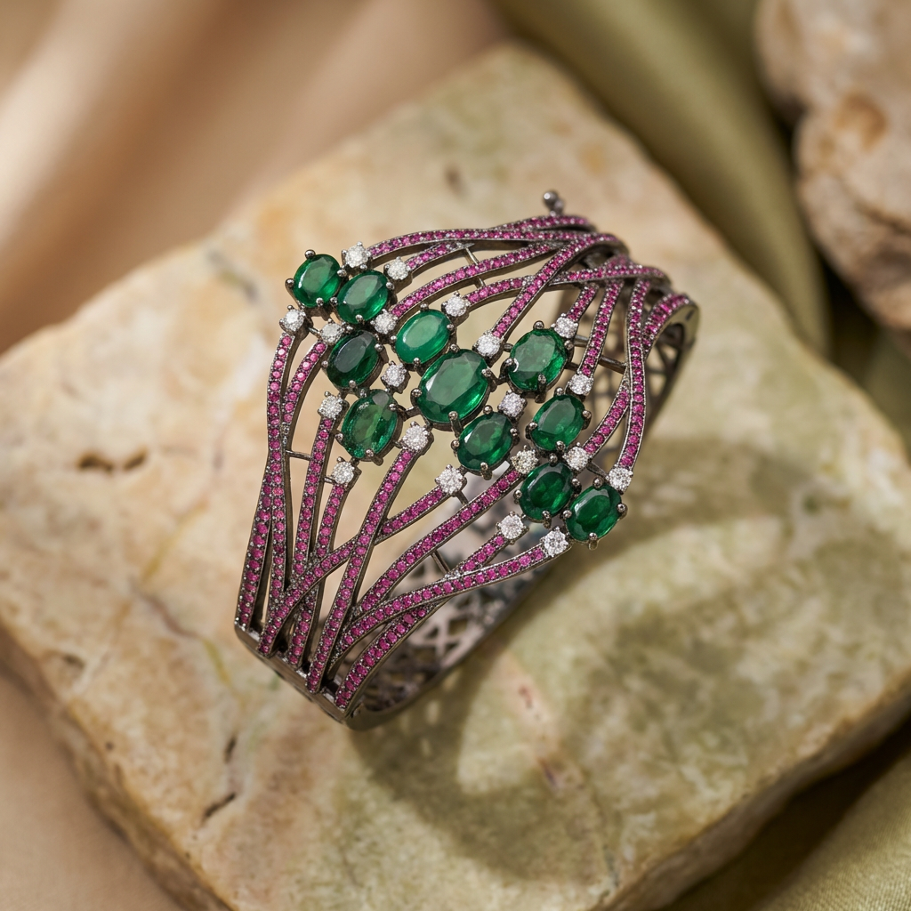 Aria Curved Bracelet Cuff - Pink and Green