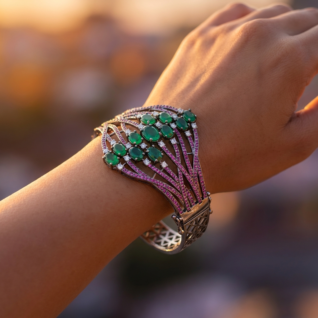 Aria Curved Bracelet Cuff - Pink and Green