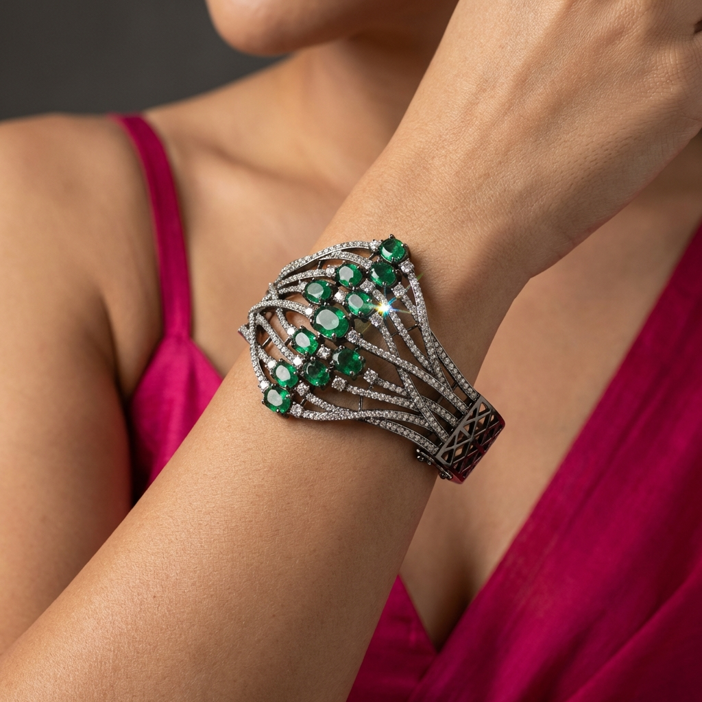 Aria Curved Bracelet Cuff - Silver and Green