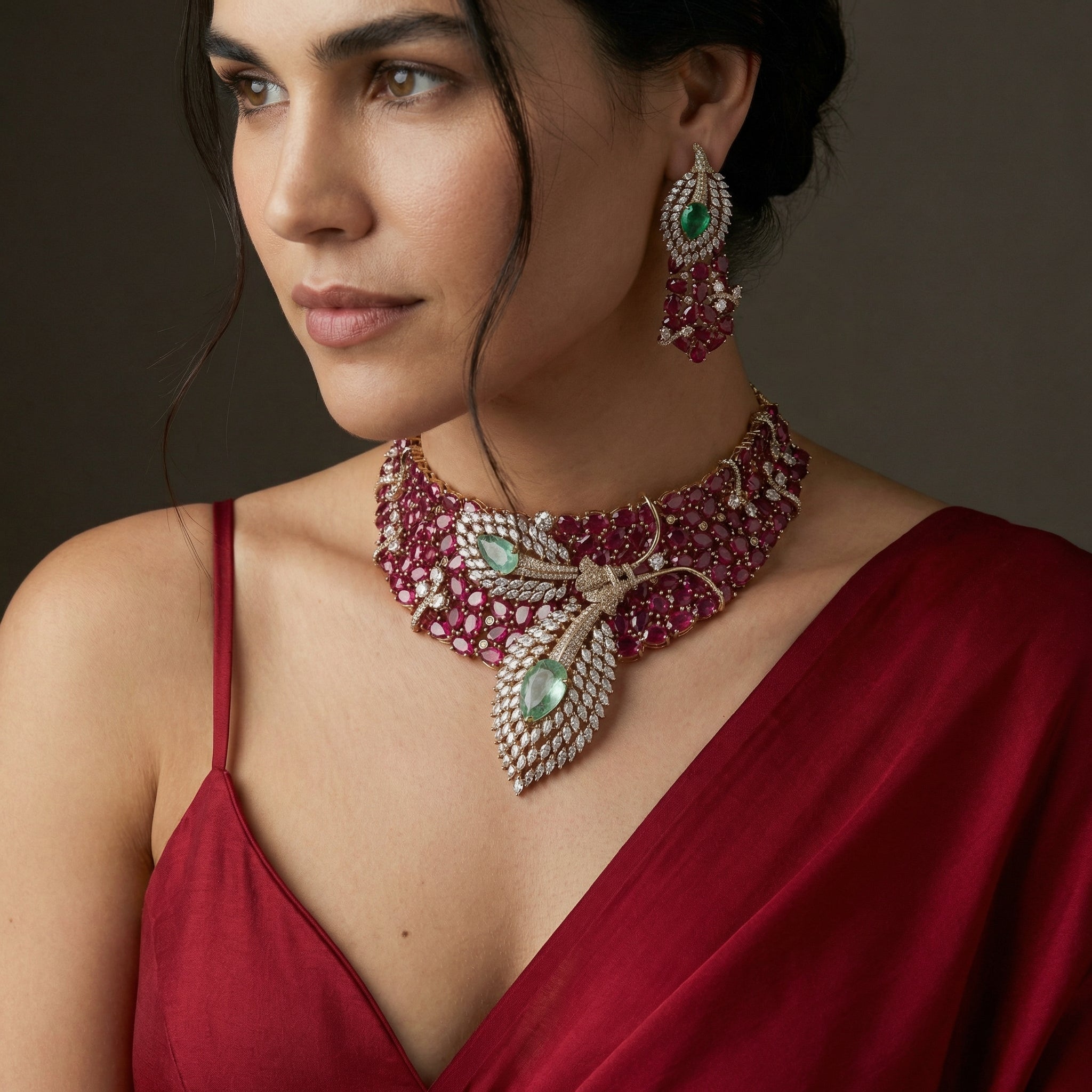 Dual leaf ruby designer necklace set – full set styled by Ozel