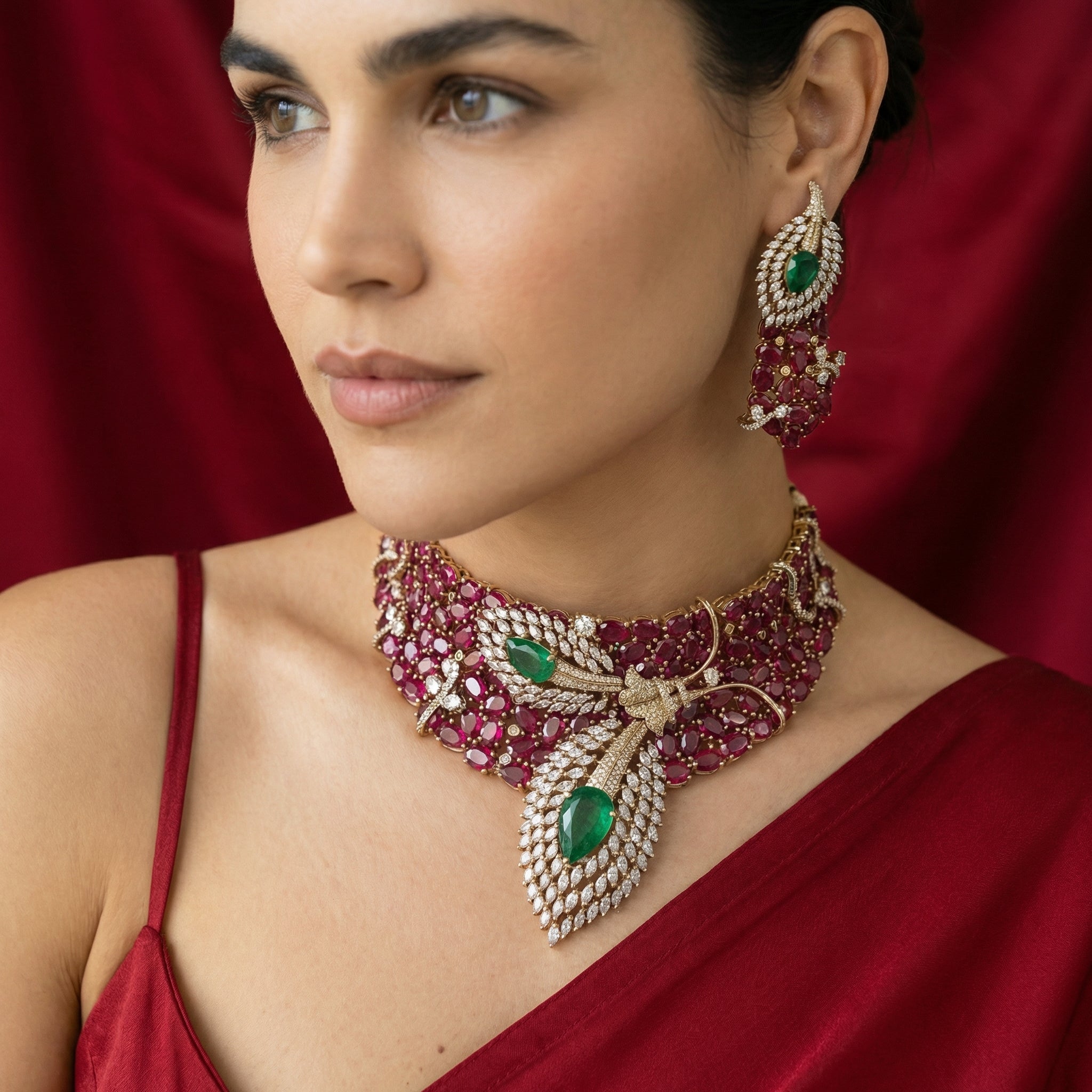 Dual Leaf Ruby Designer Necklace Set