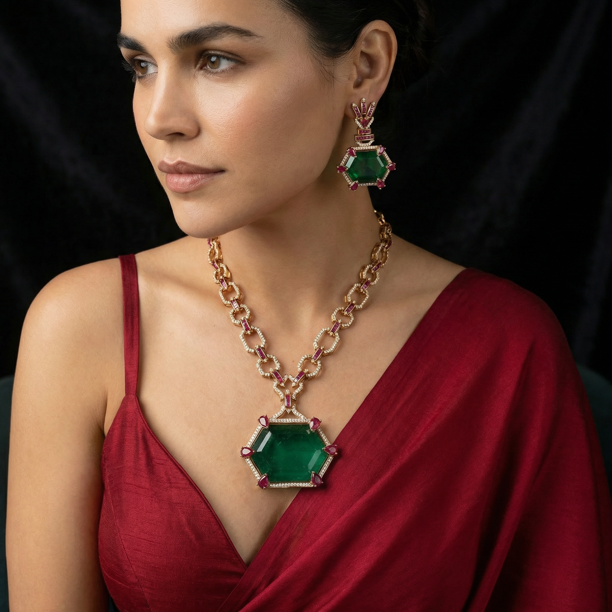 Hexagonal Emerald Pendant Set