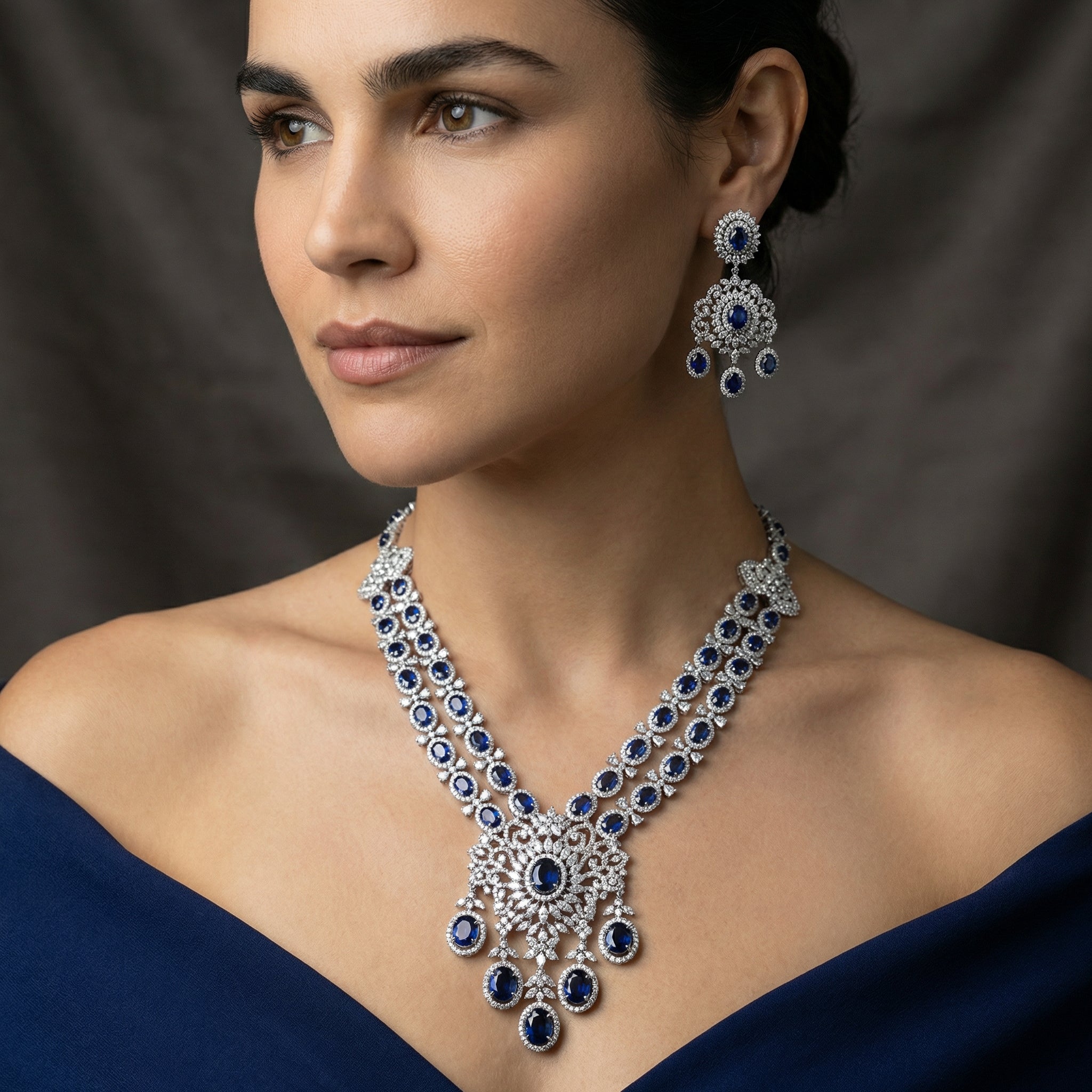 Royal Sapphire AD Necklace Set