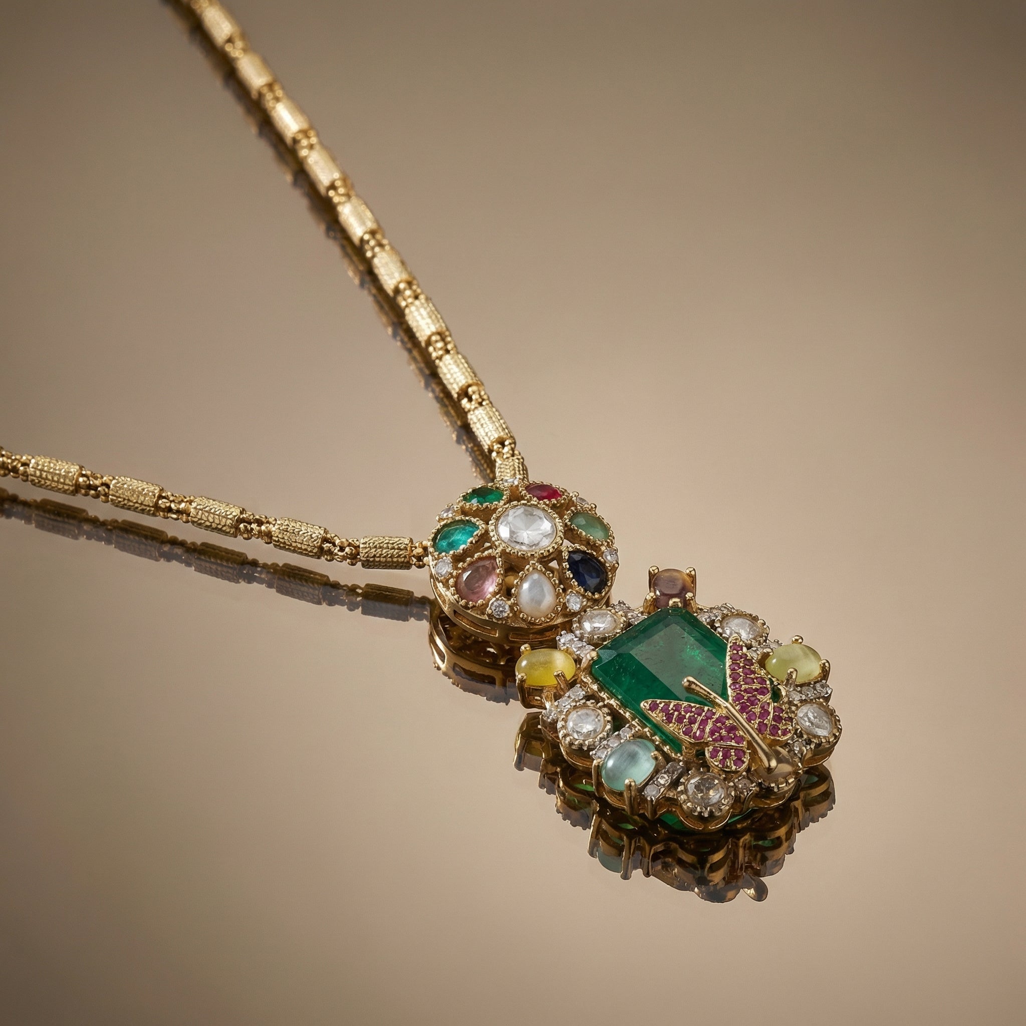 Navratna Royale Butterfly Pendant Set