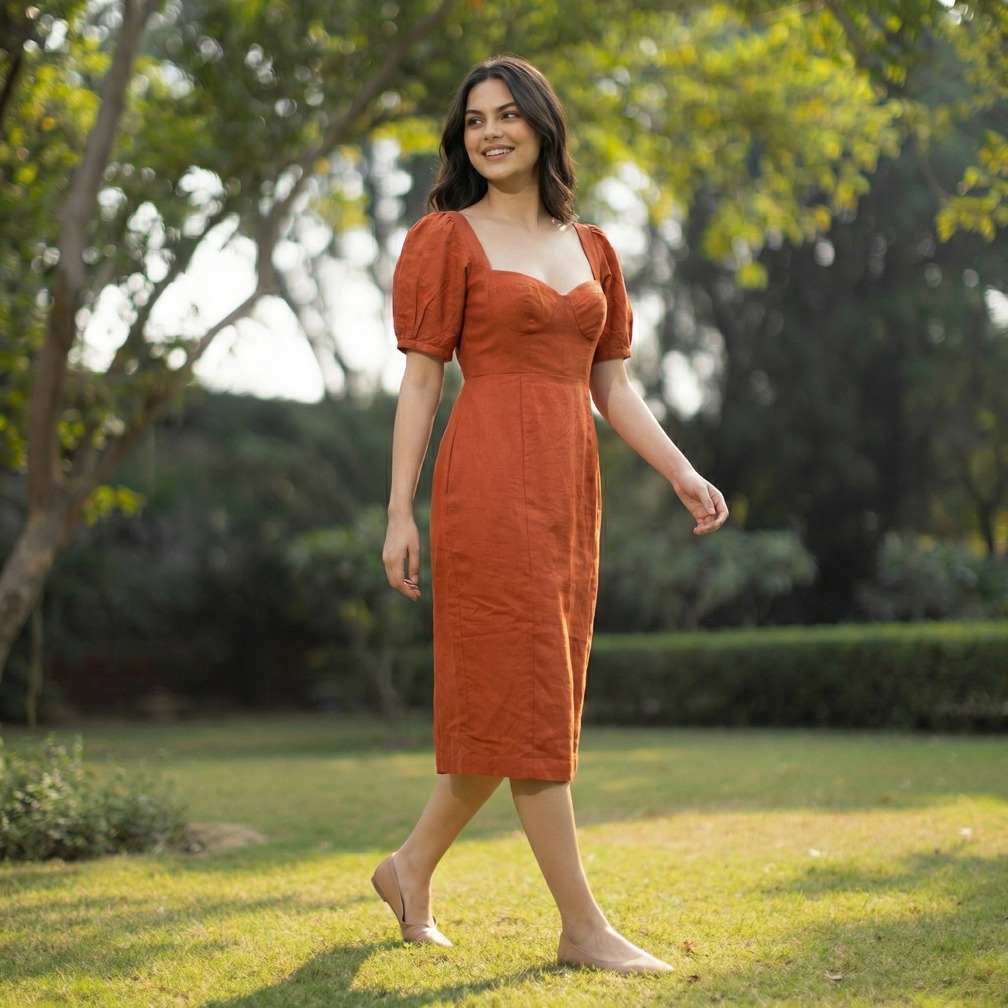 Sweetheart Puff Sleeve Dress in Rust (Sale)