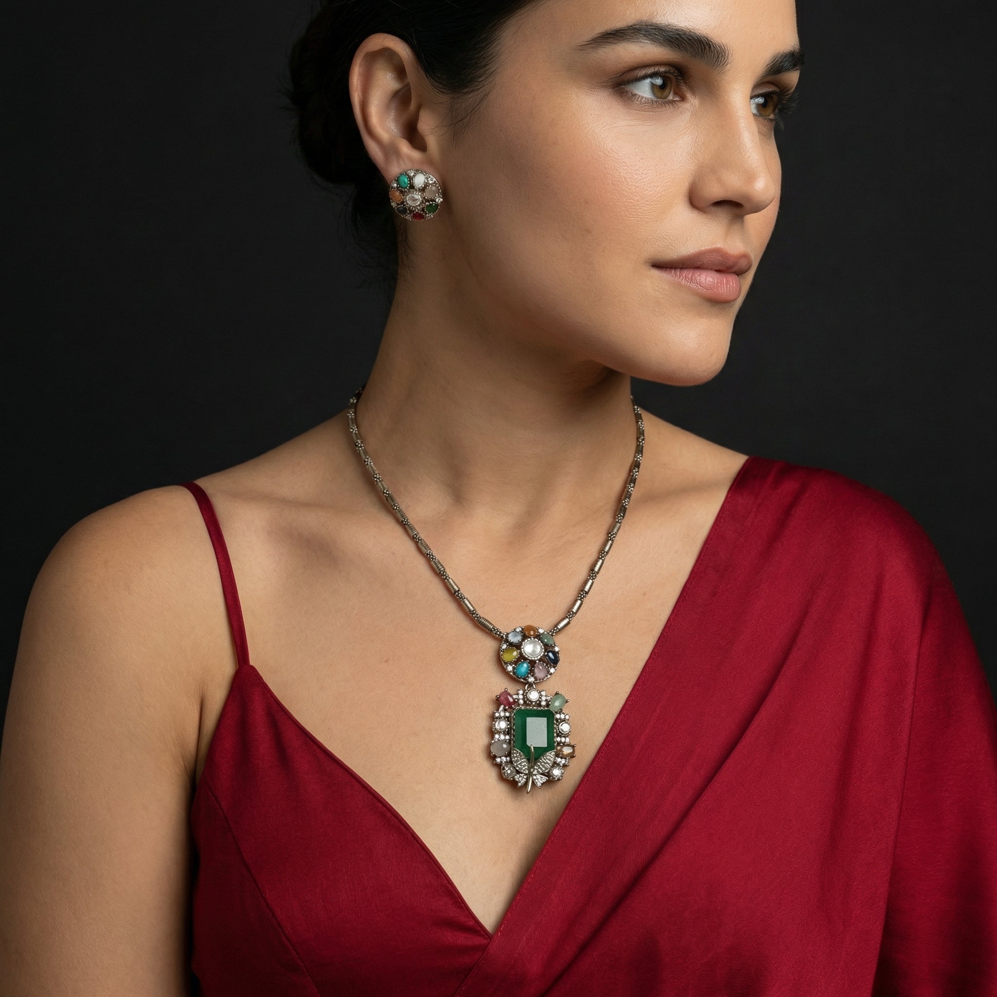 Navratna Royale Butterfly Pendant Set